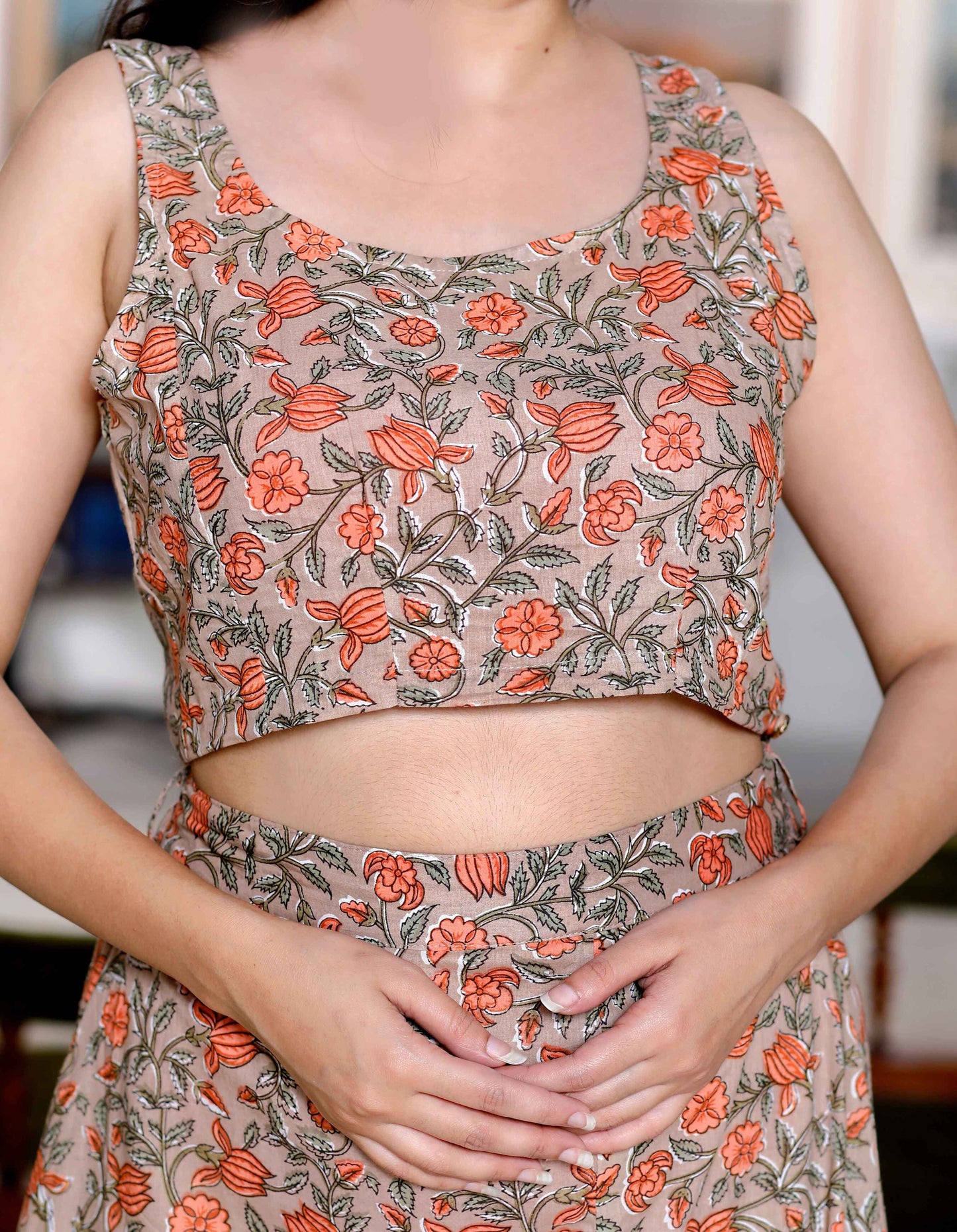 Women's Brown Floral Printed Crop Top And Skirt Co-Ord Set - Miravan