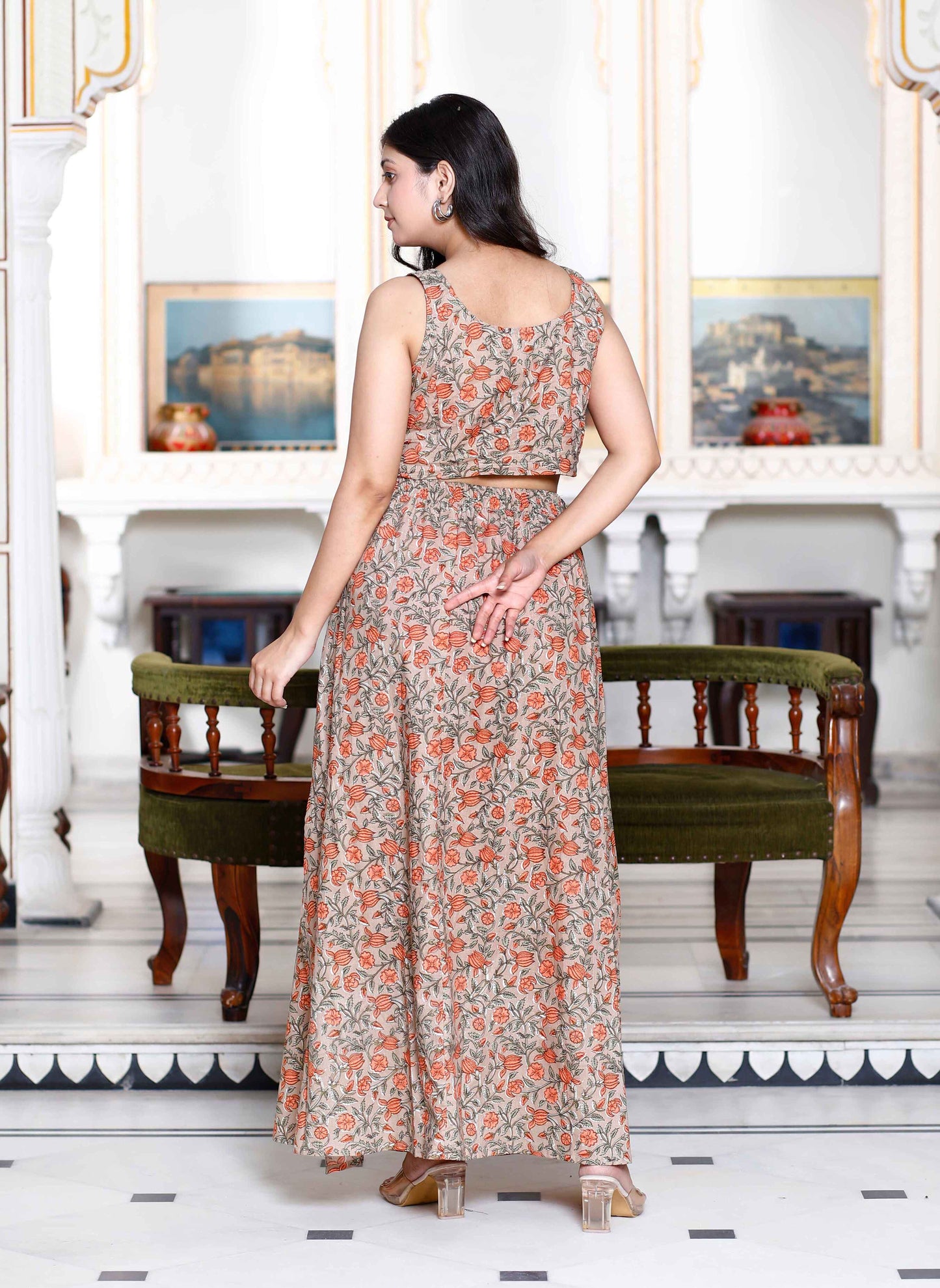 Women's Brown Floral Printed Crop Top And Skirt Co-Ord Set - Miravan