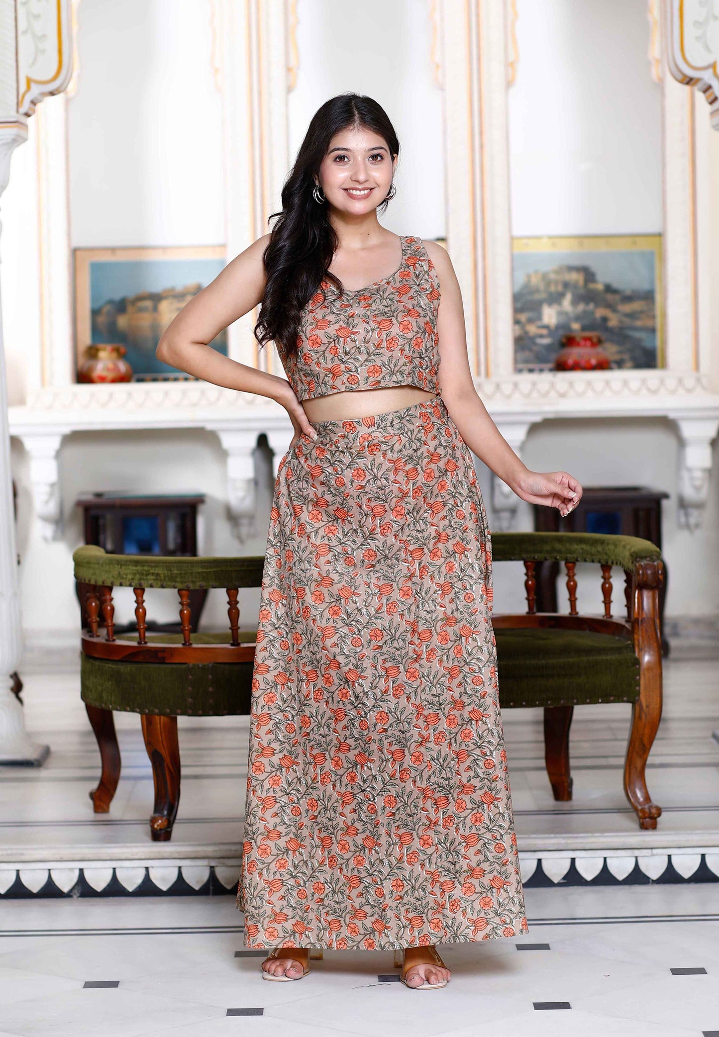 Women's Brown Floral Printed Crop Top And Skirt Co-Ord Set - Miravan