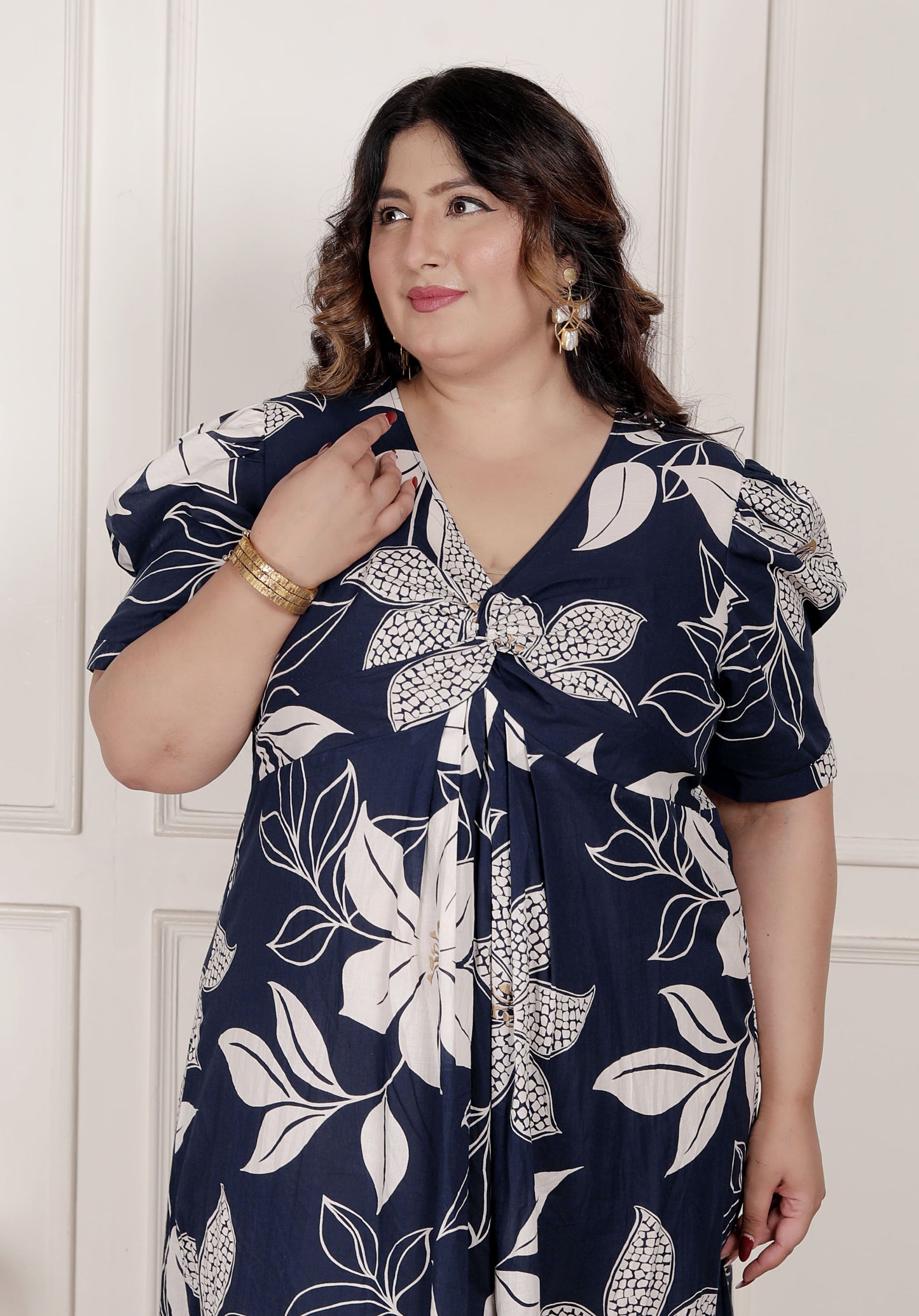 Miravan Womens Plus Size Blue Flower Printed Puff Sleeve Pure Cotton Fit V Neck Butterfly Middi Dress