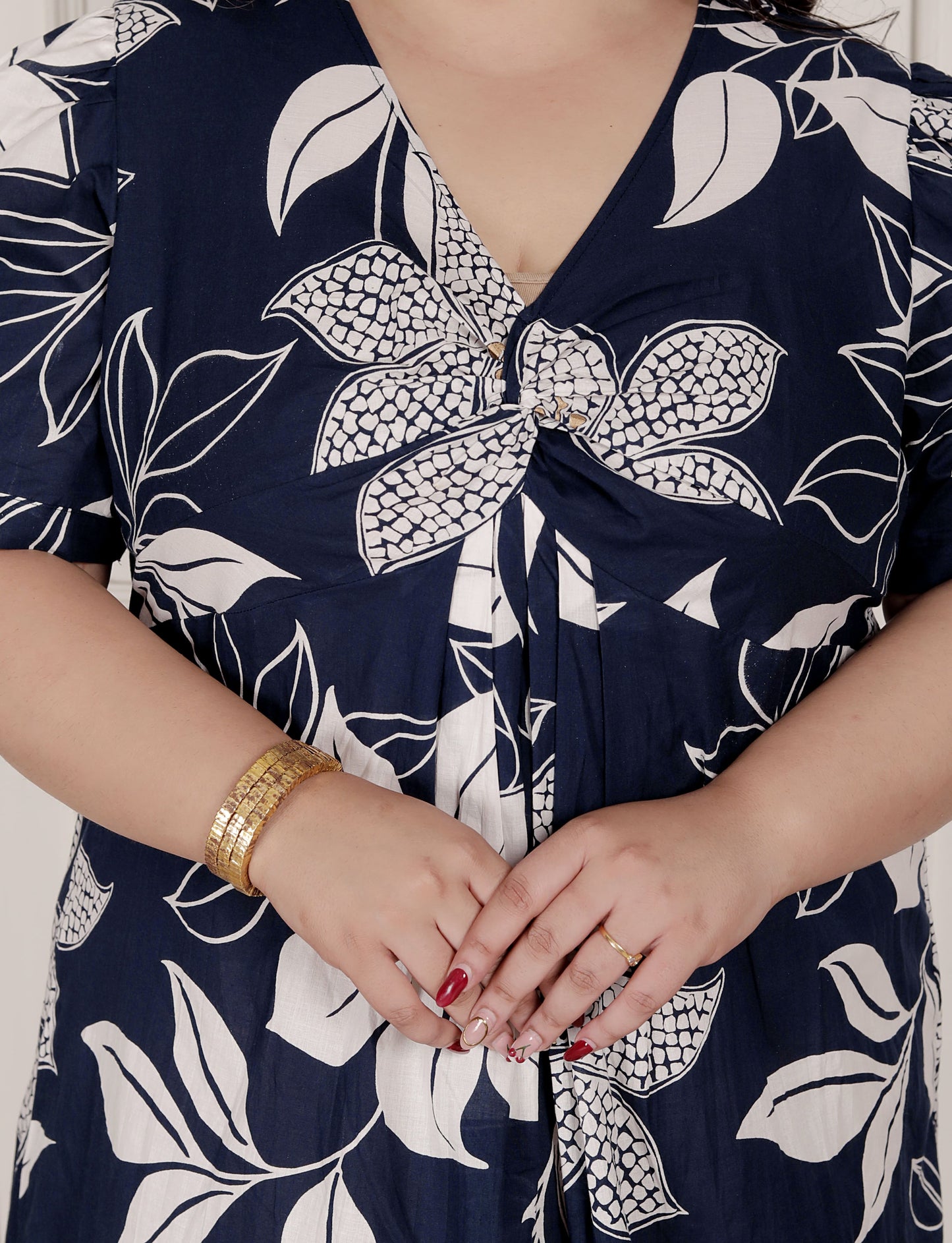 Miravan Womens Plus Size Blue Flower Printed Puff Sleeve Pure Cotton Fit V Neck Butterfly Middi Dress
