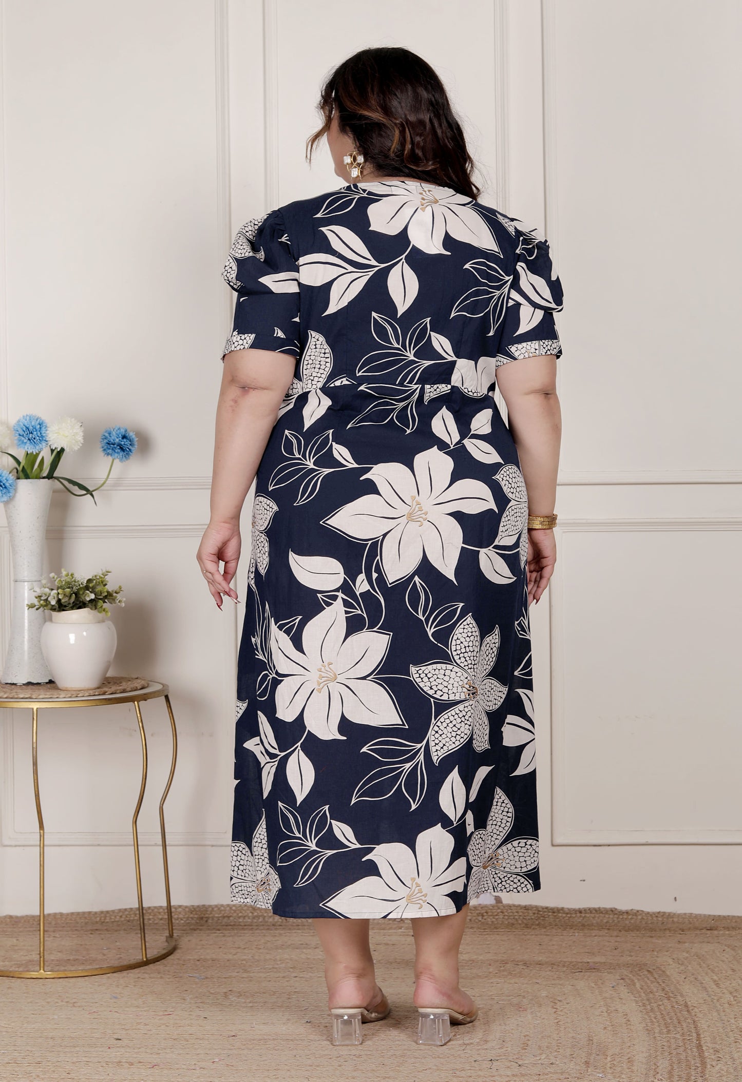 Miravan Womens Plus Size Blue Flower Printed Puff Sleeve Pure Cotton Fit V Neck Butterfly Middi Dress
