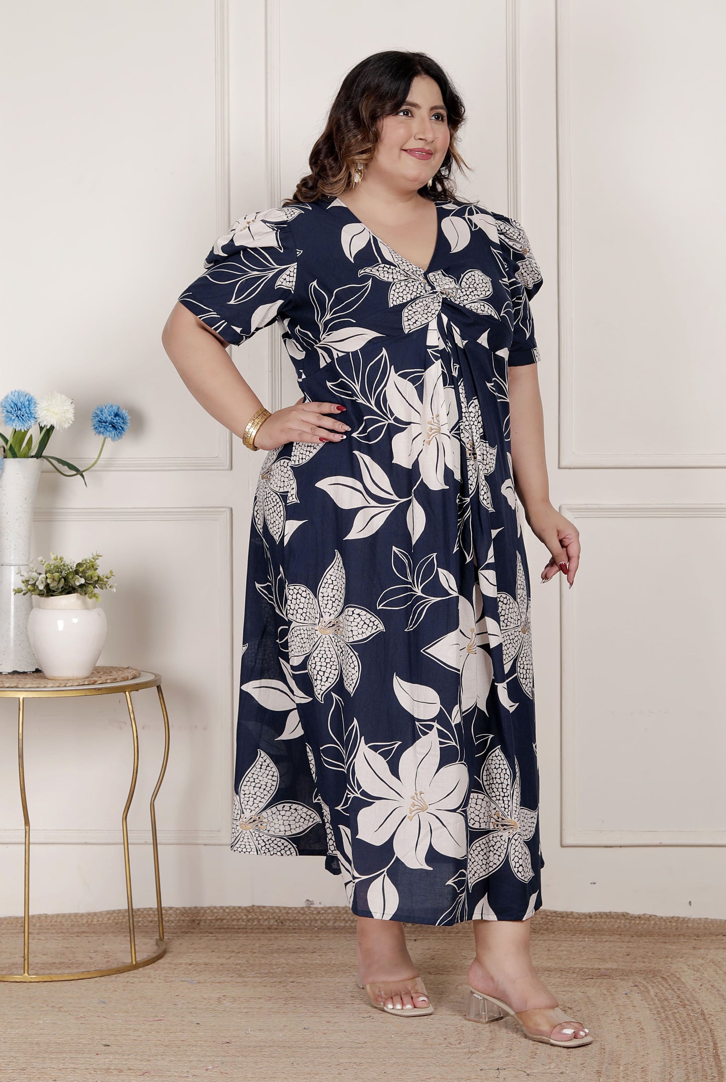 Miravan Womens Plus Size Blue Flower Printed Puff Sleeve Pure Cotton Fit V Neck Butterfly Middi Dress