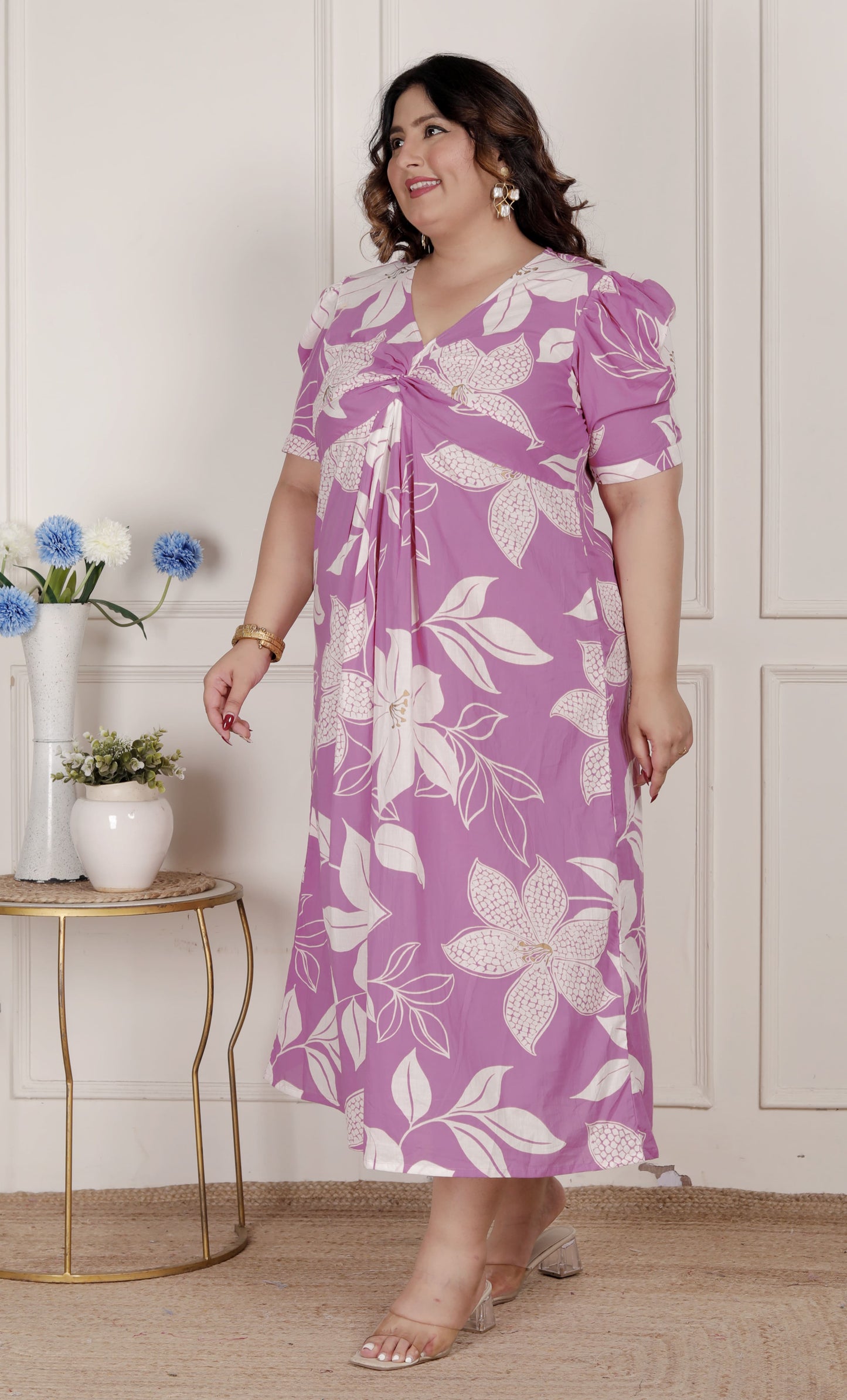 Miravan Womens Plus Size Pink Floral Print Puff Sleeve Pure Cotton Fit Flare Butterfly Maxi Dress