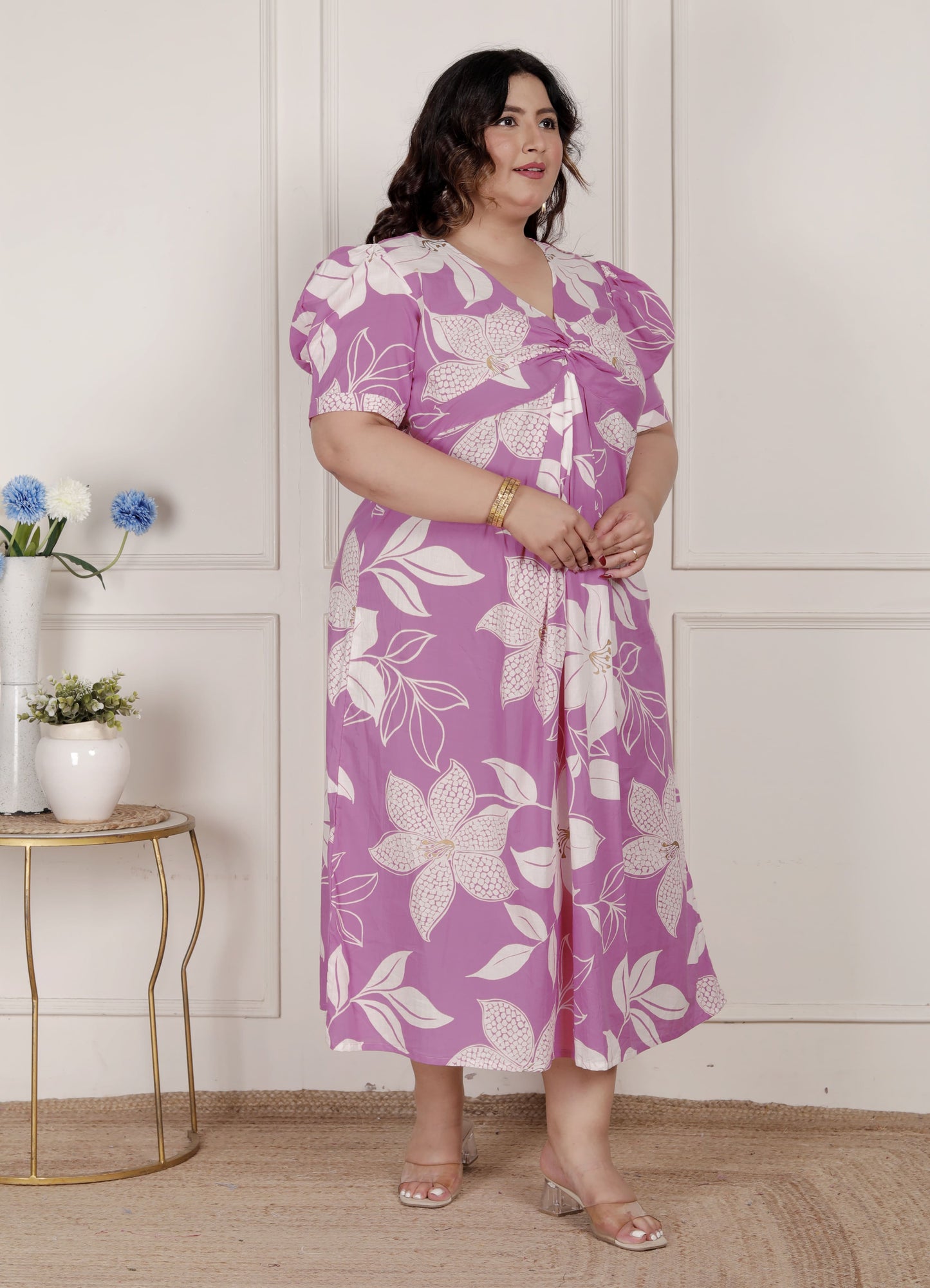 Miravan Womens Plus Size Pink Floral Print Puff Sleeve Pure Cotton Fit Flare Butterfly Maxi Dress