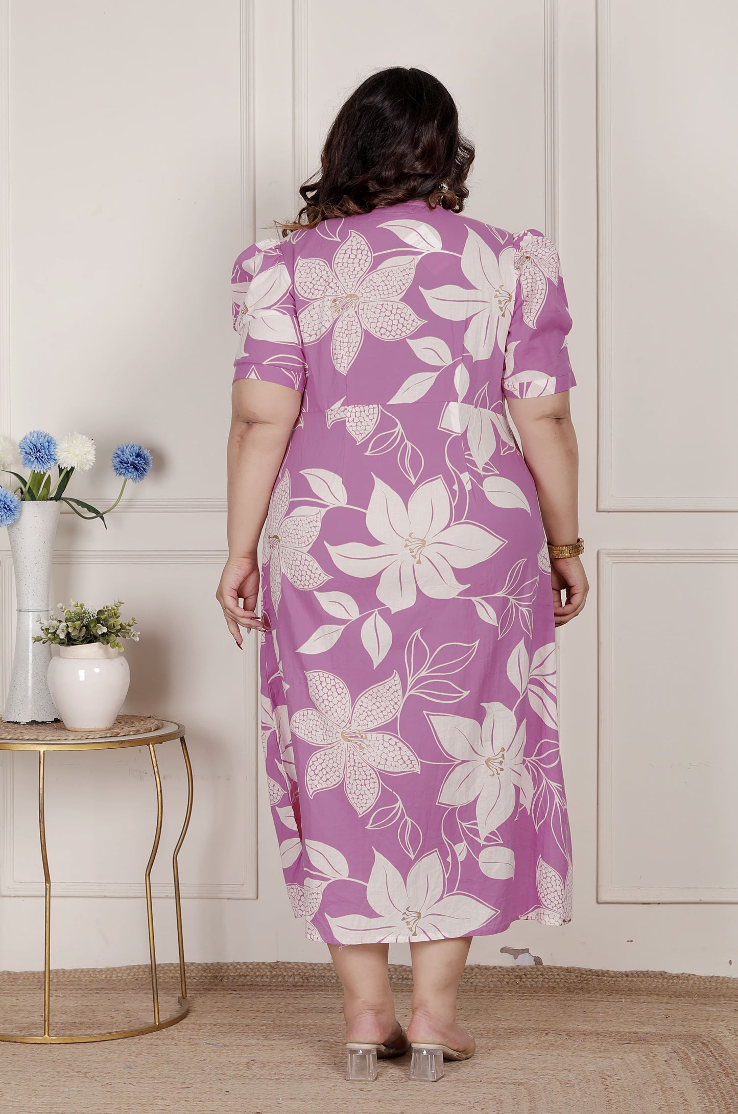 Miravan Womens Plus Size Pink Floral Print Puff Sleeve Pure Cotton Fit Flare Butterfly Maxi Dress