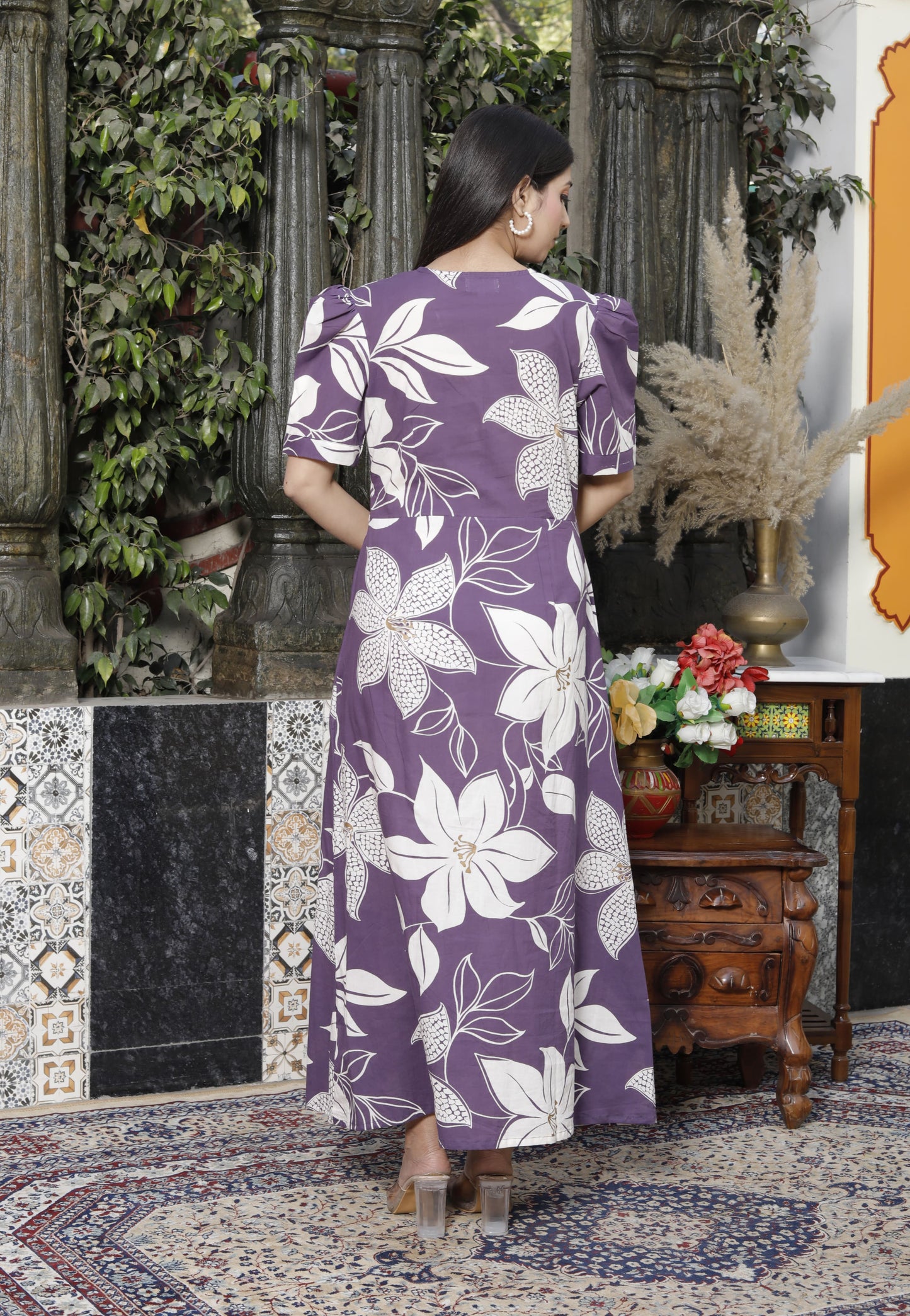 Miravan Womens Purple Pleated Puff Sleeve Floral Pure Cotton Butterfly Middi Dress