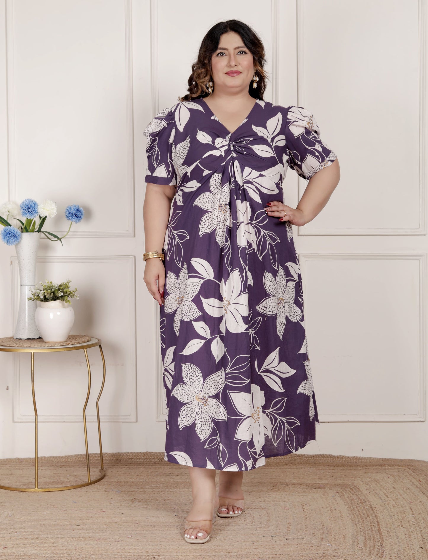 Miravan Womens Plus Size Purple Pleated Puff Sleeve Floral Pure Cotton Butterfly Middi Dress