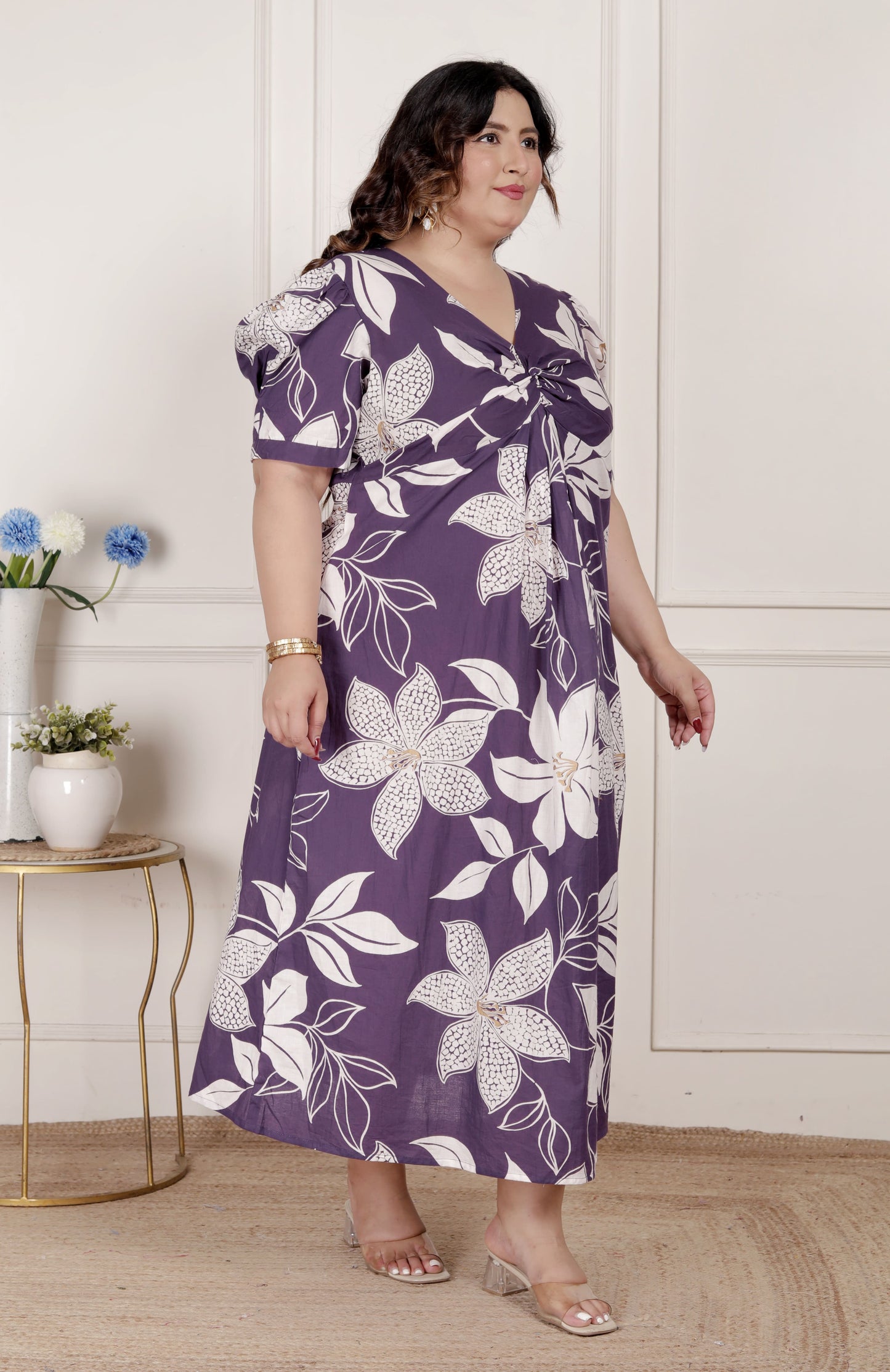 Miravan Womens Plus Size Purple Pleated Puff Sleeve Floral Pure Cotton Butterfly Middi Dress