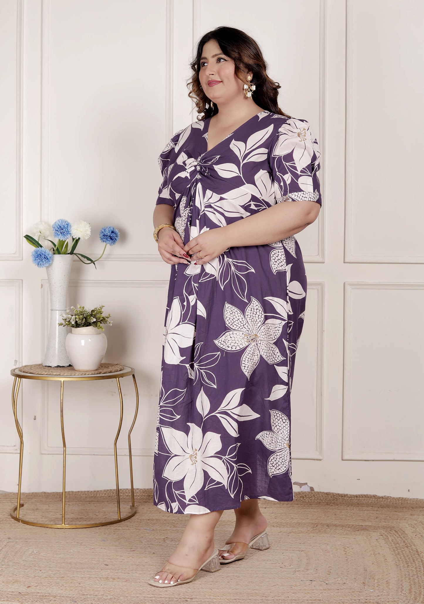 Miravan Womens Plus Size Purple Pleated Puff Sleeve Floral Pure Cotton Butterfly Middi Dress