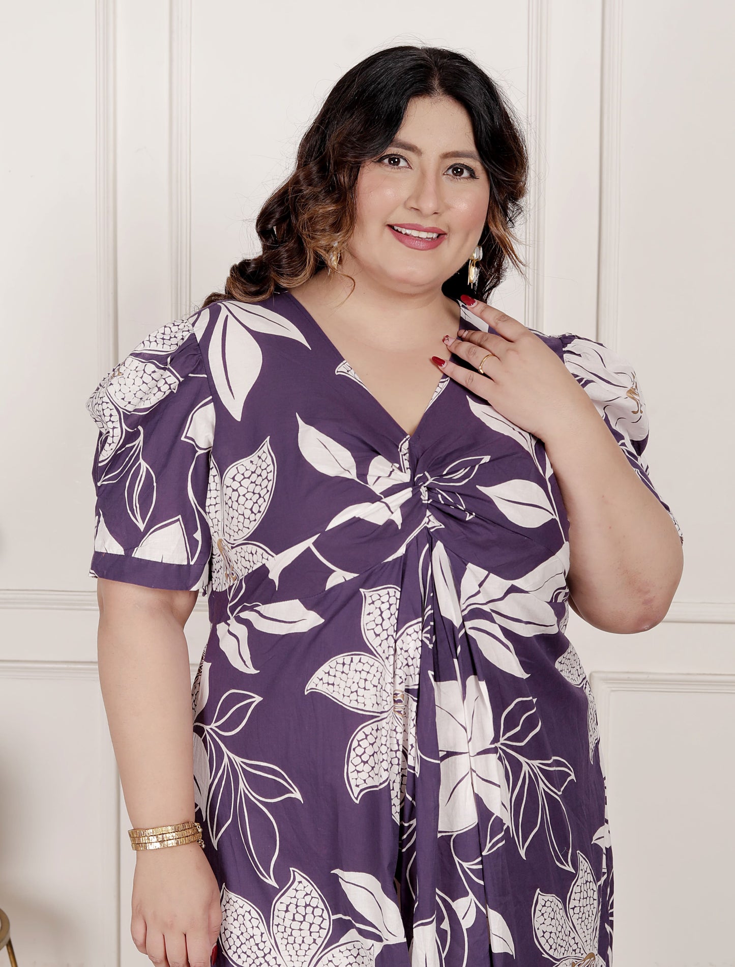 Miravan Womens Plus Size Purple Pleated Puff Sleeve Floral Pure Cotton Butterfly Middi Dress