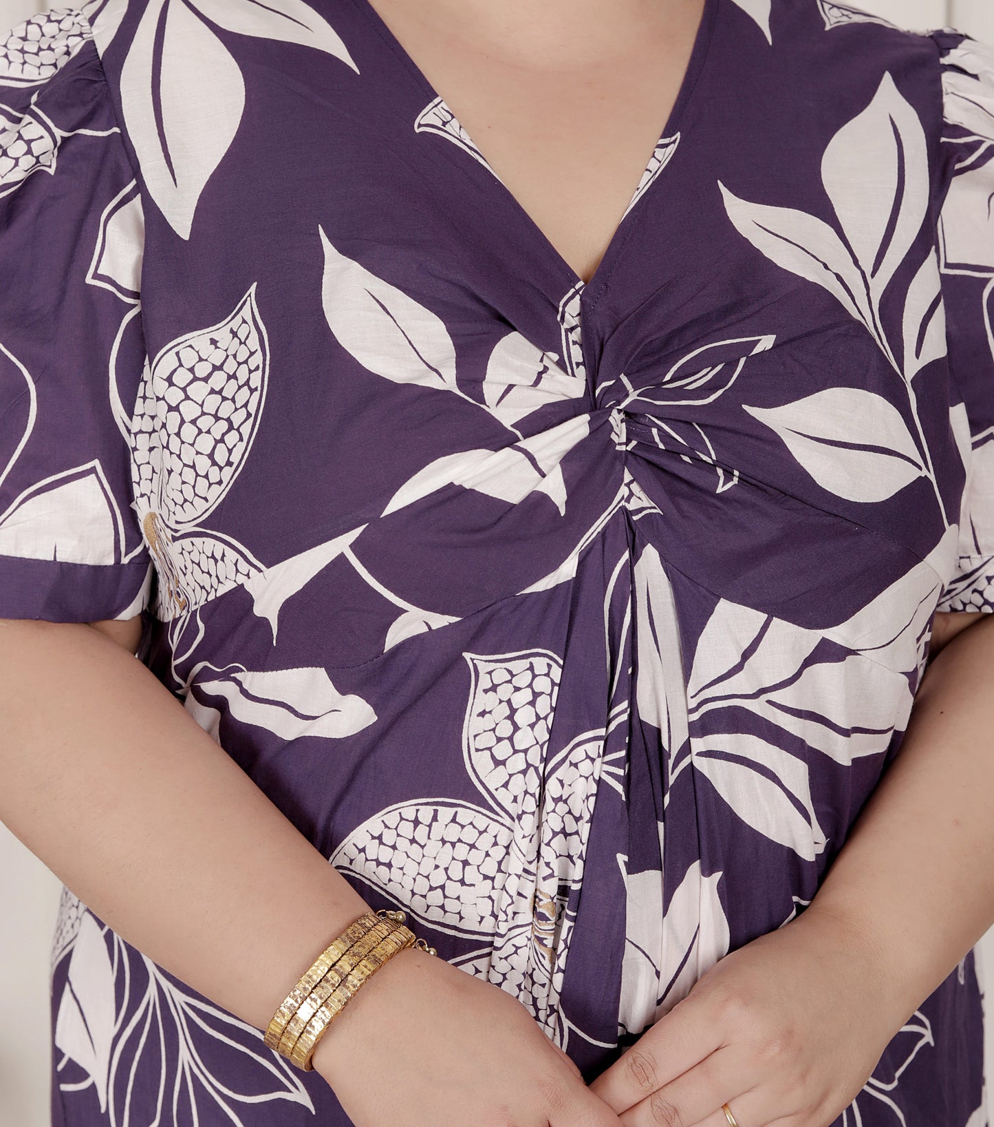 Miravan Womens Plus Size Purple Pleated Puff Sleeve Floral Pure Cotton Butterfly Middi Dress