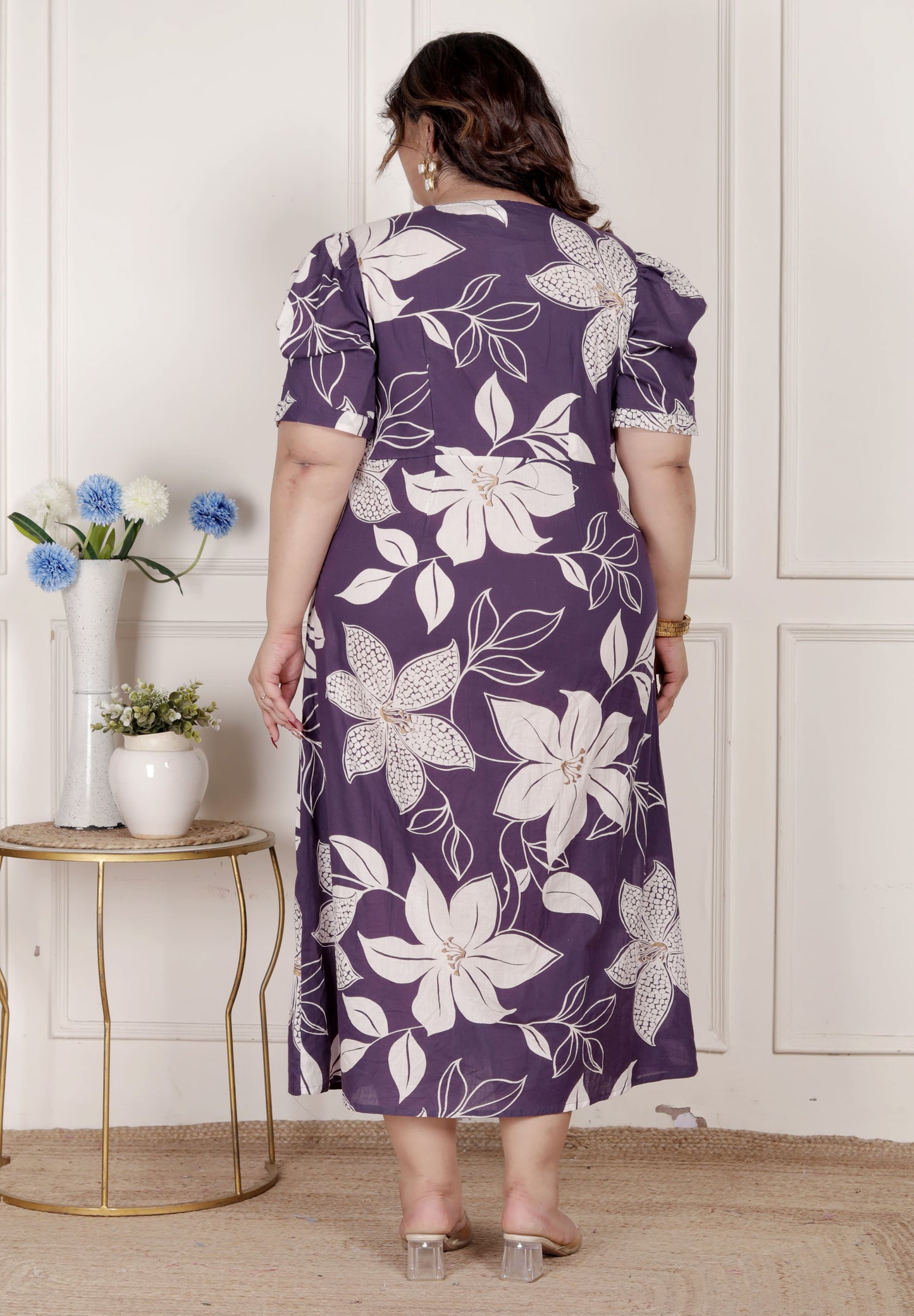Miravan Womens Plus Size Purple Pleated Puff Sleeve Floral Pure Cotton Butterfly Middi Dress