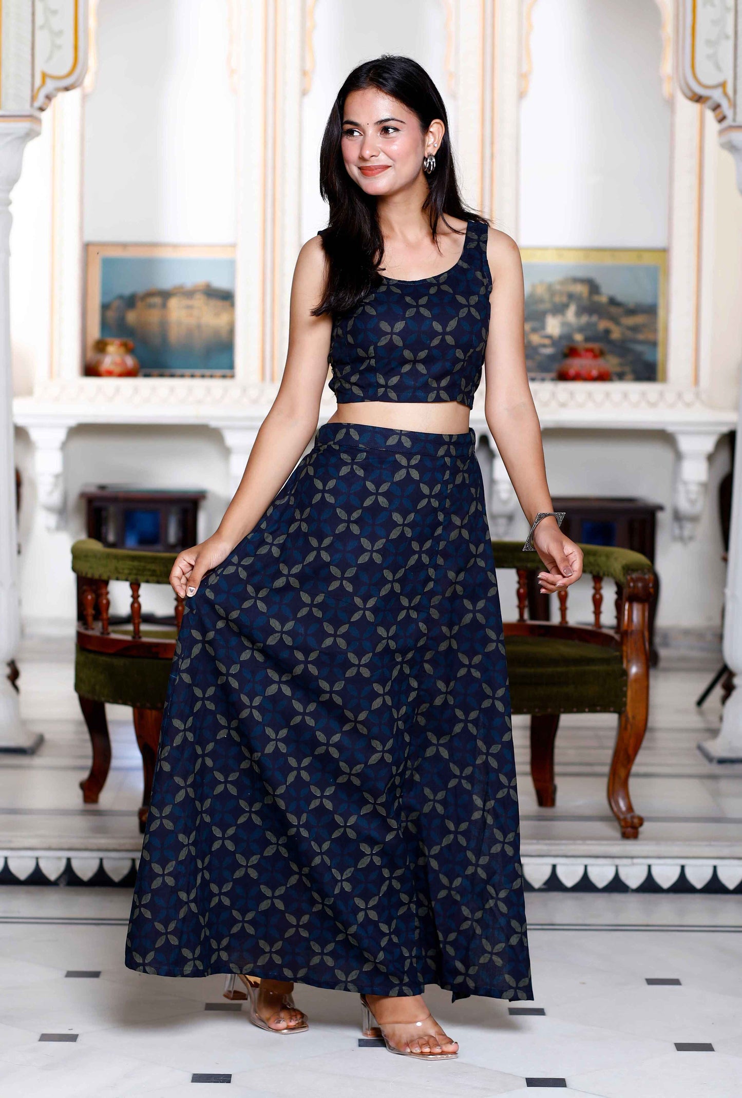 Women's Blue Abstract Print Crop Top And Side Slit A-Line Skirt Co-Ord Set - Miravan