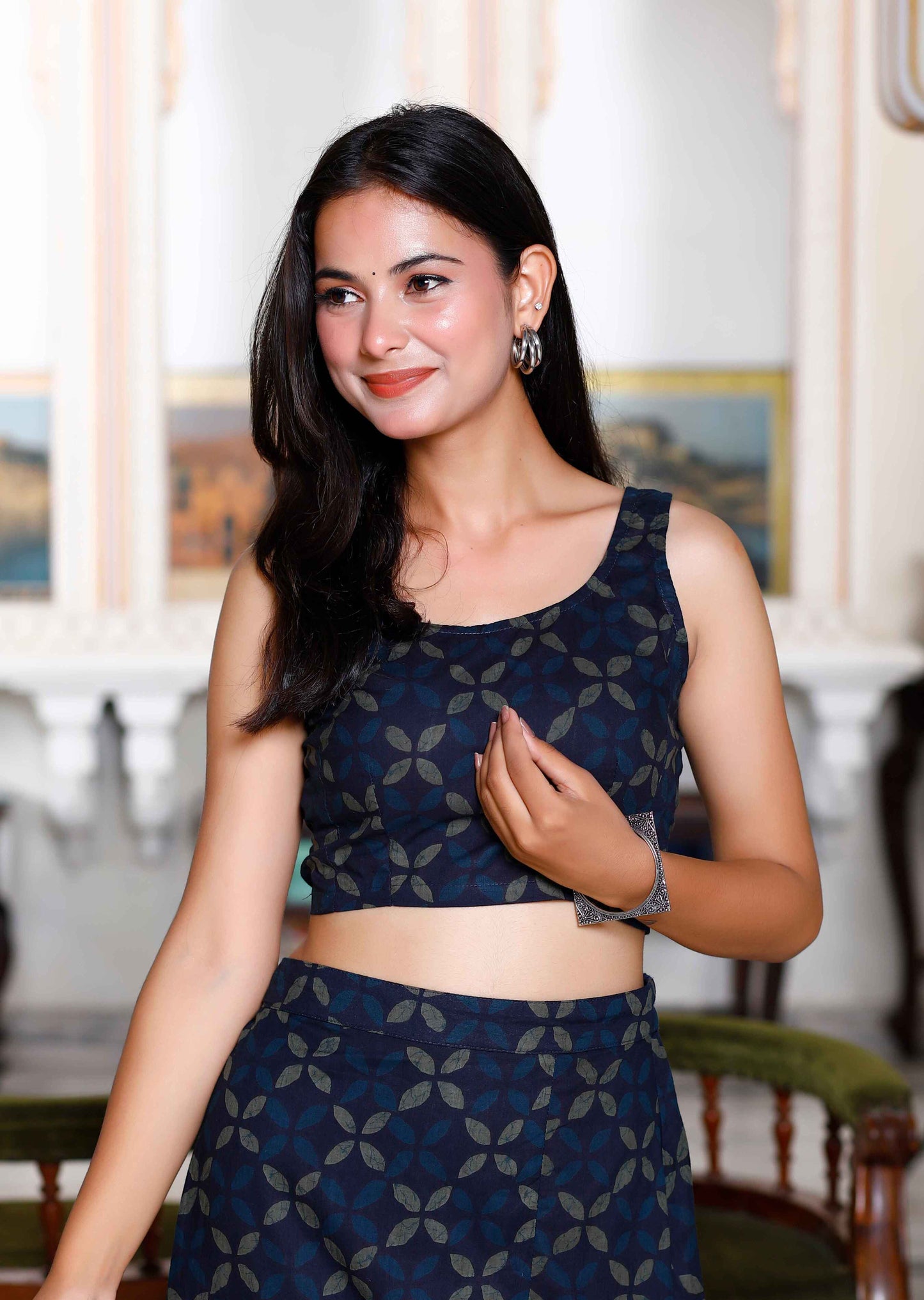 Women's Blue Abstract Print Crop Top And Side Slit A-Line Skirt Co-Ord Set - Miravan