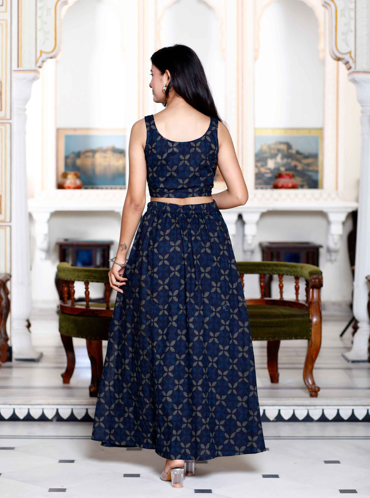 Women's Blue Abstract Print Crop Top And Side Slit A-Line Skirt Co-Ord Set - Miravan