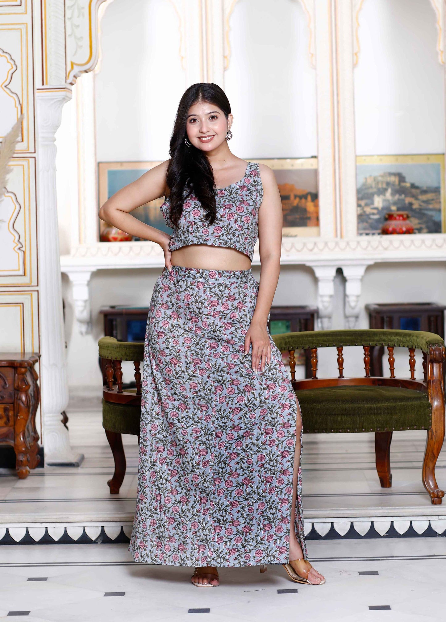 Women's Grey Floral Printed Crop Top And Skirt Co-Ord Set - Miravan
