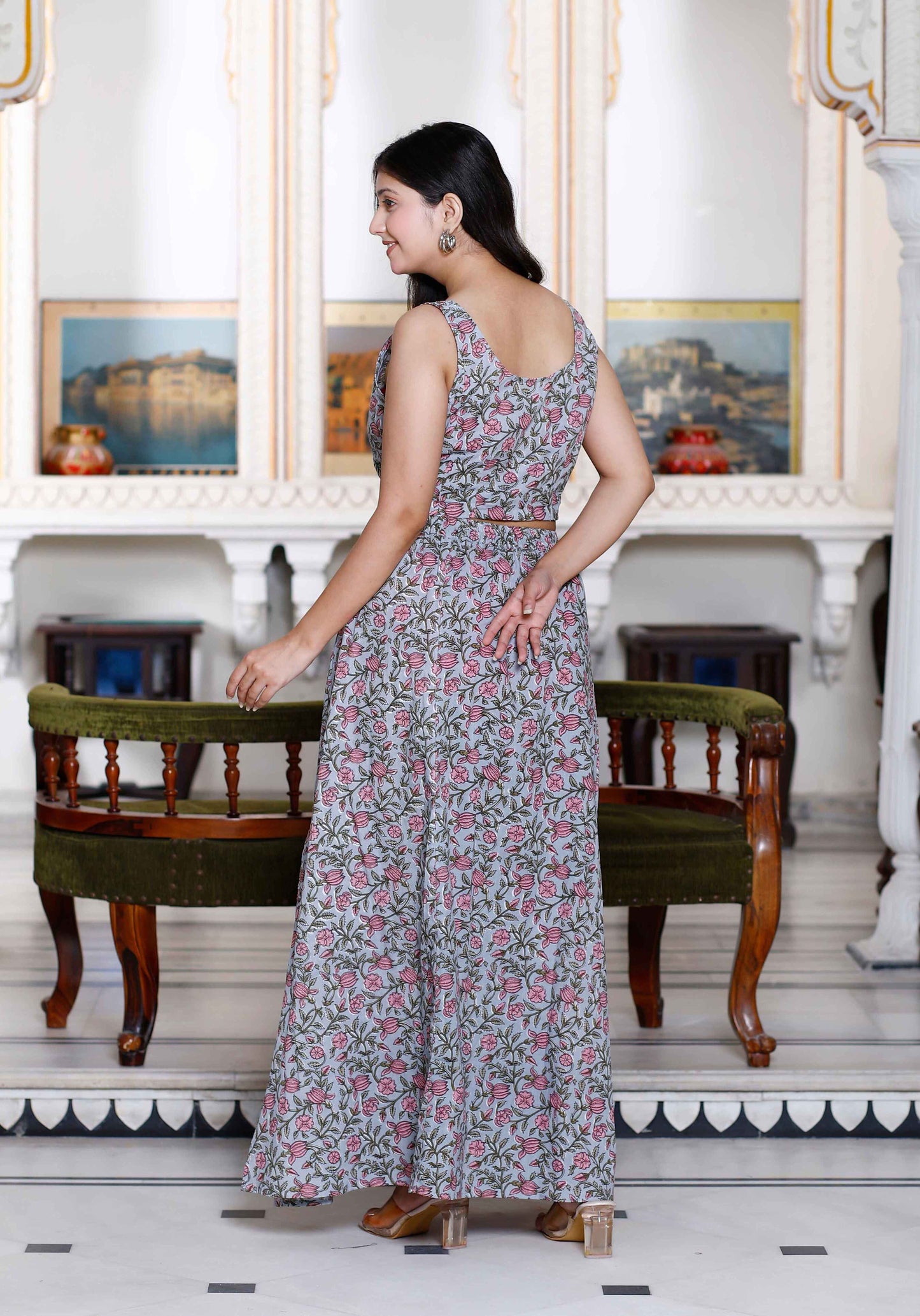 Women's Grey Floral Printed Crop Top And Skirt Co-Ord Set - Miravan