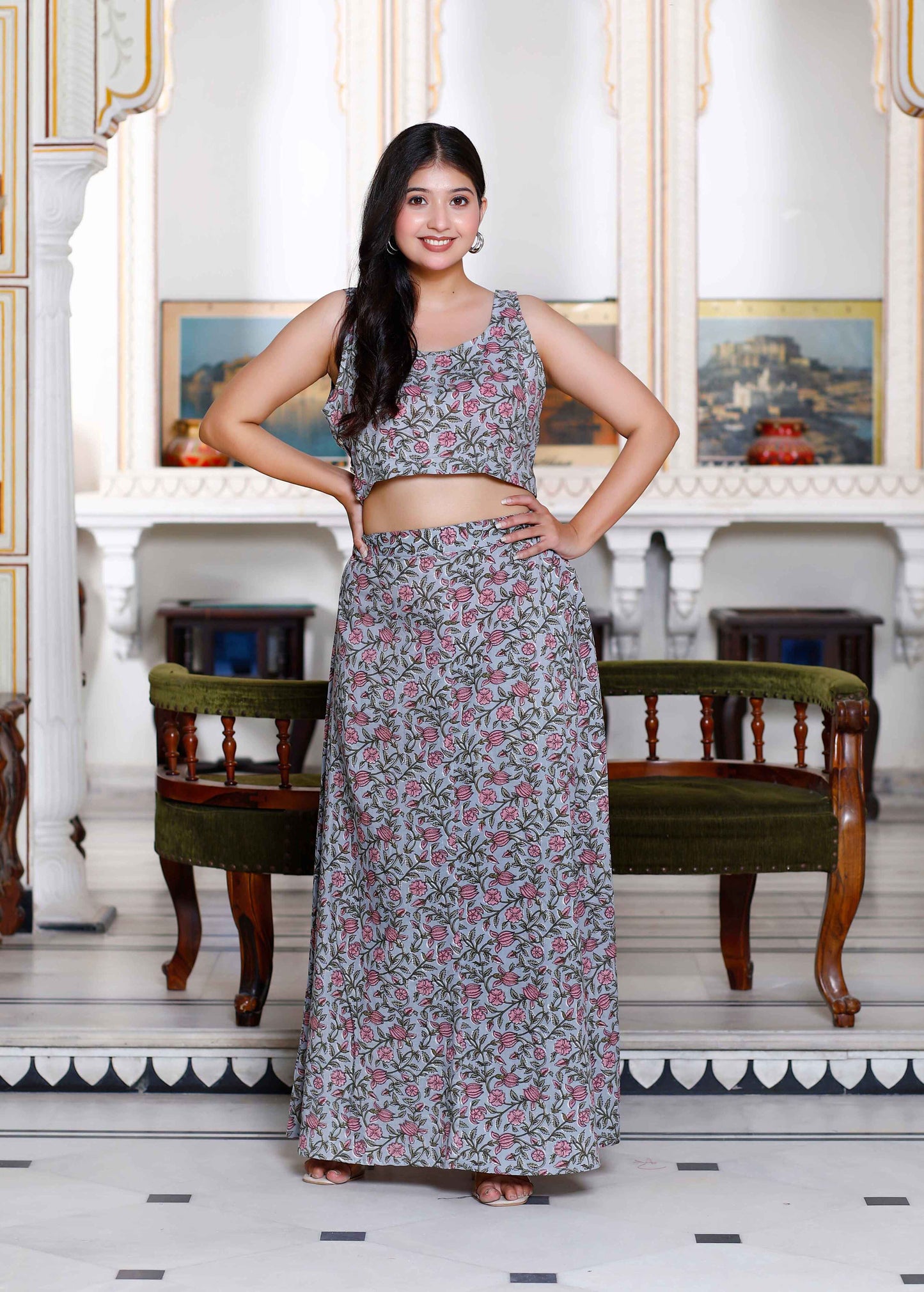 Women's Grey Floral Printed Crop Top And Skirt Co-Ord Set - Miravan