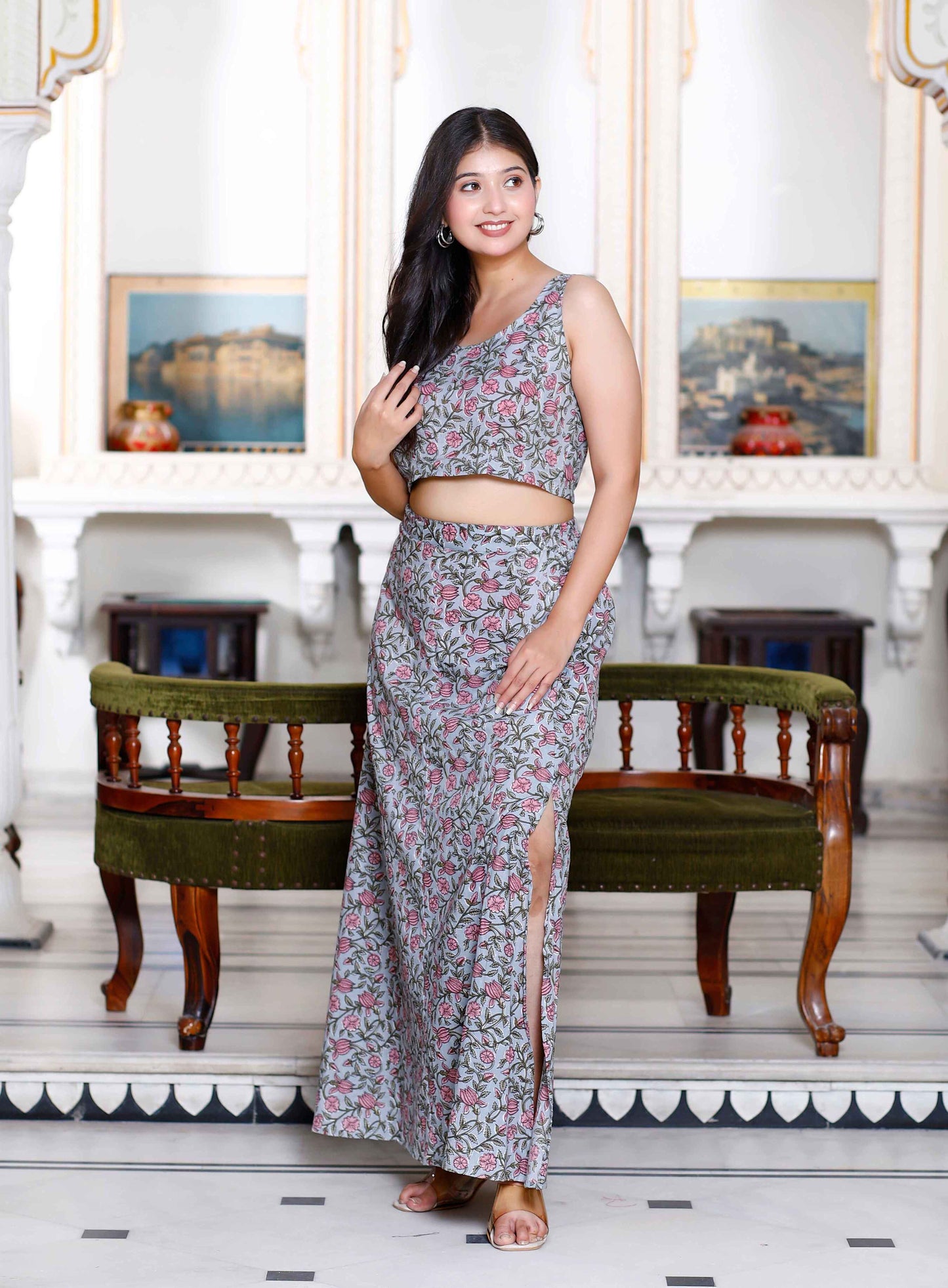 Women's Grey Floral Printed Crop Top And Skirt Co-Ord Set - Miravan