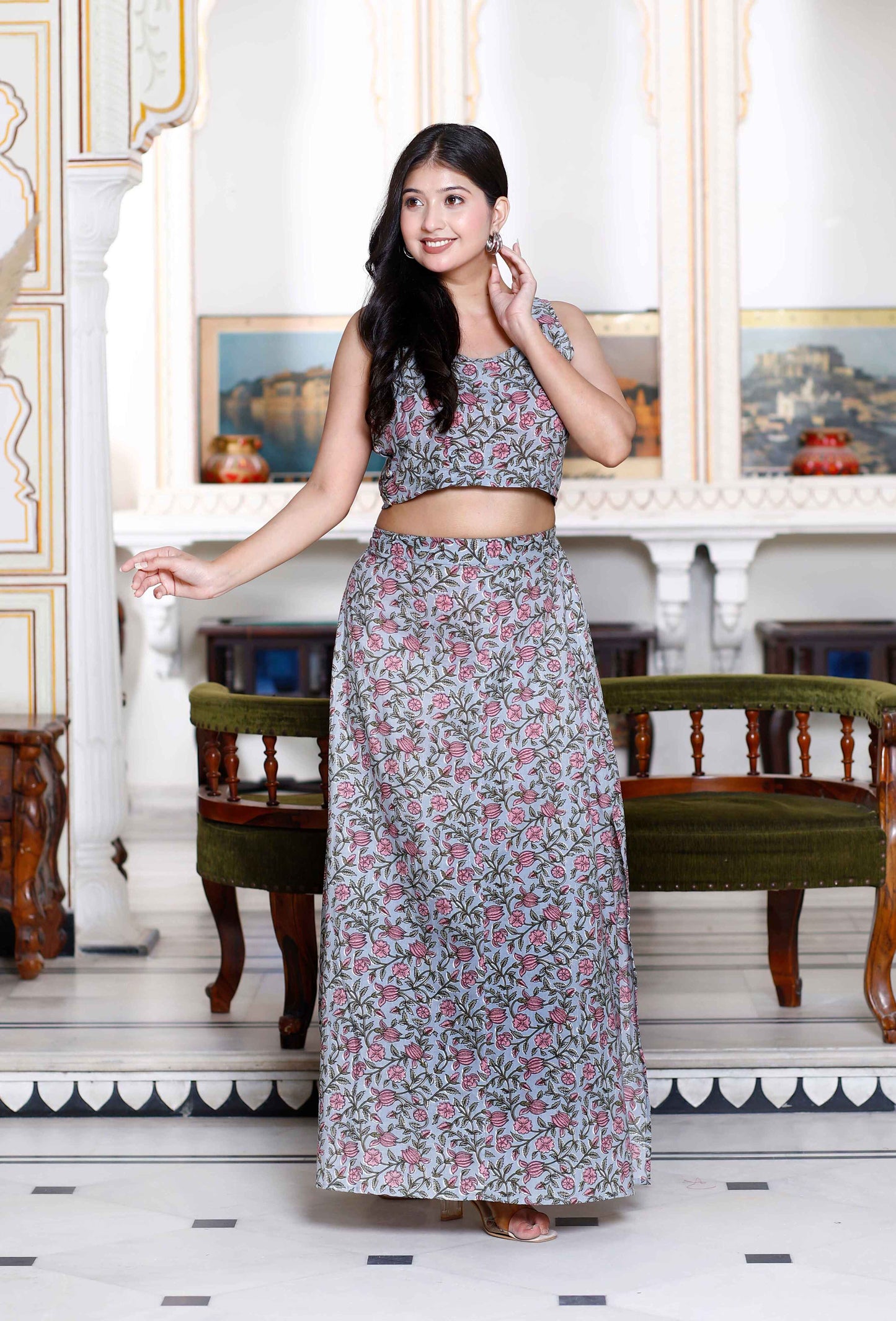 Women's Grey Floral Printed Crop Top And Skirt Co-Ord Set - Miravan