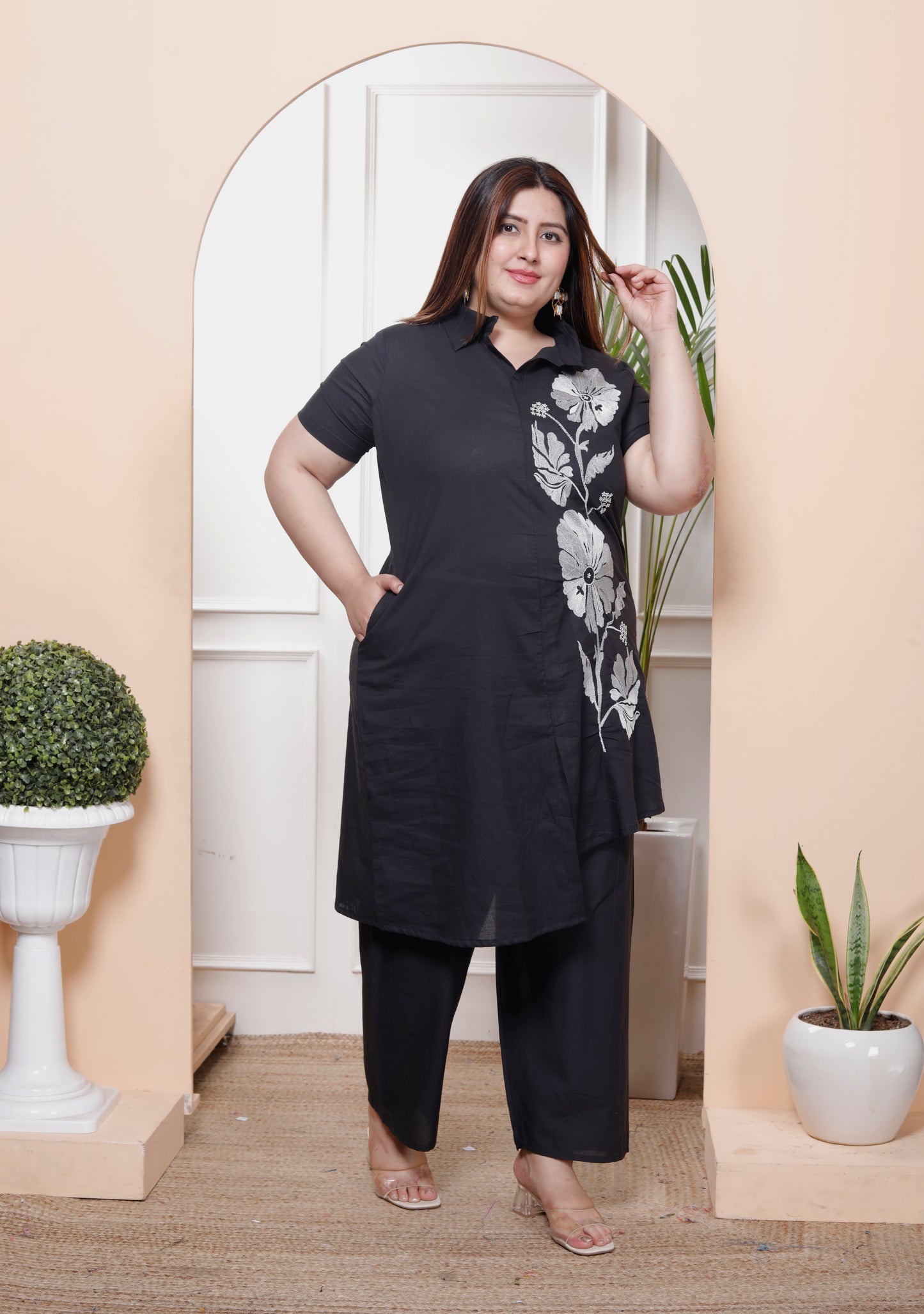 Miravan Womens Plus Size Black Pure Cotton Floral Embroidered High Low Co-Ord Set