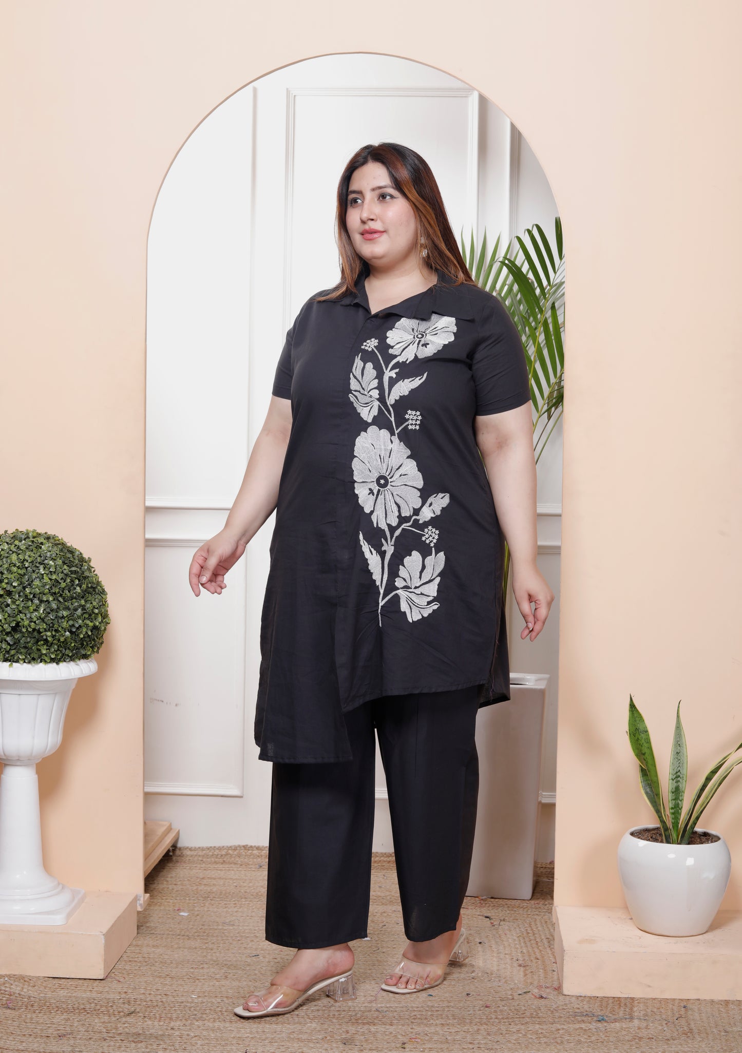 Miravan Womens Plus Size Black Pure Cotton Floral Embroidered High Low Co-Ord Set
