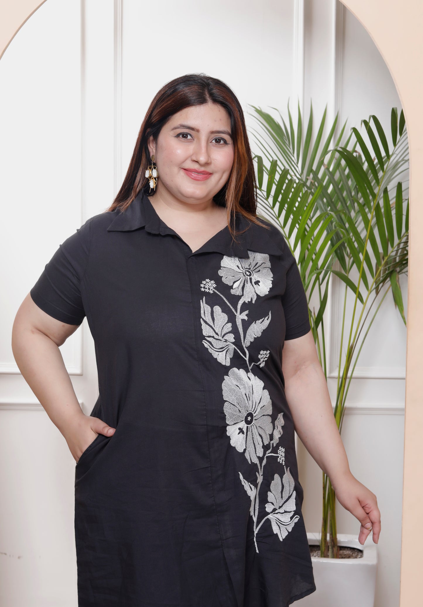 Miravan Womens Plus Size Black Pure Cotton Floral Embroidered High Low Co-Ord Set