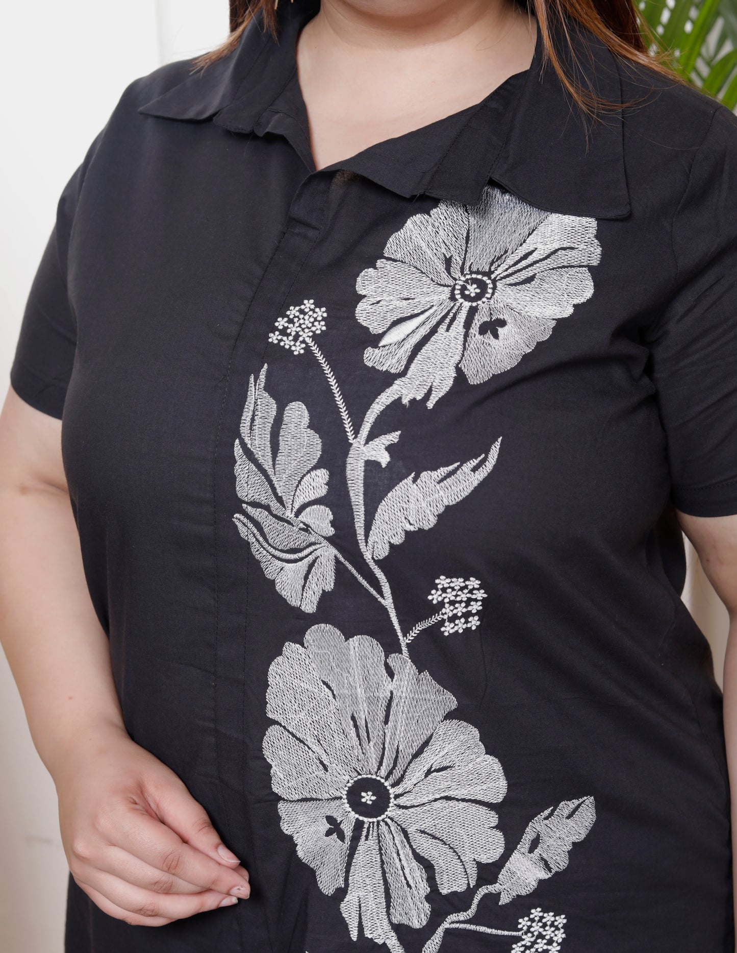 Miravan Womens Plus Size Black Pure Cotton Floral Embroidered High Low Co-Ord Set