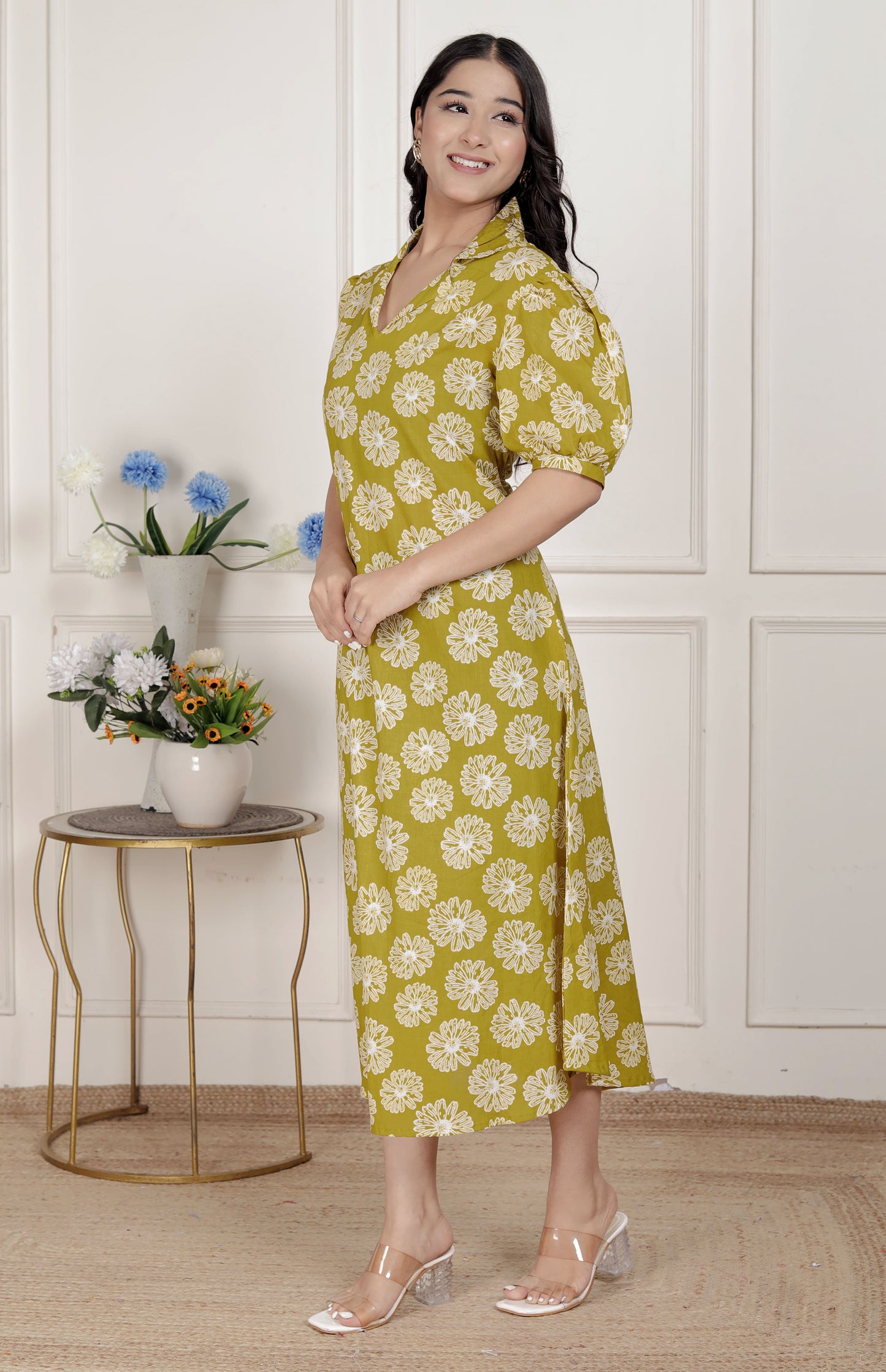 Miravan Women's Yellow Printed Puff Sleeve Floral Maxi Party Dress