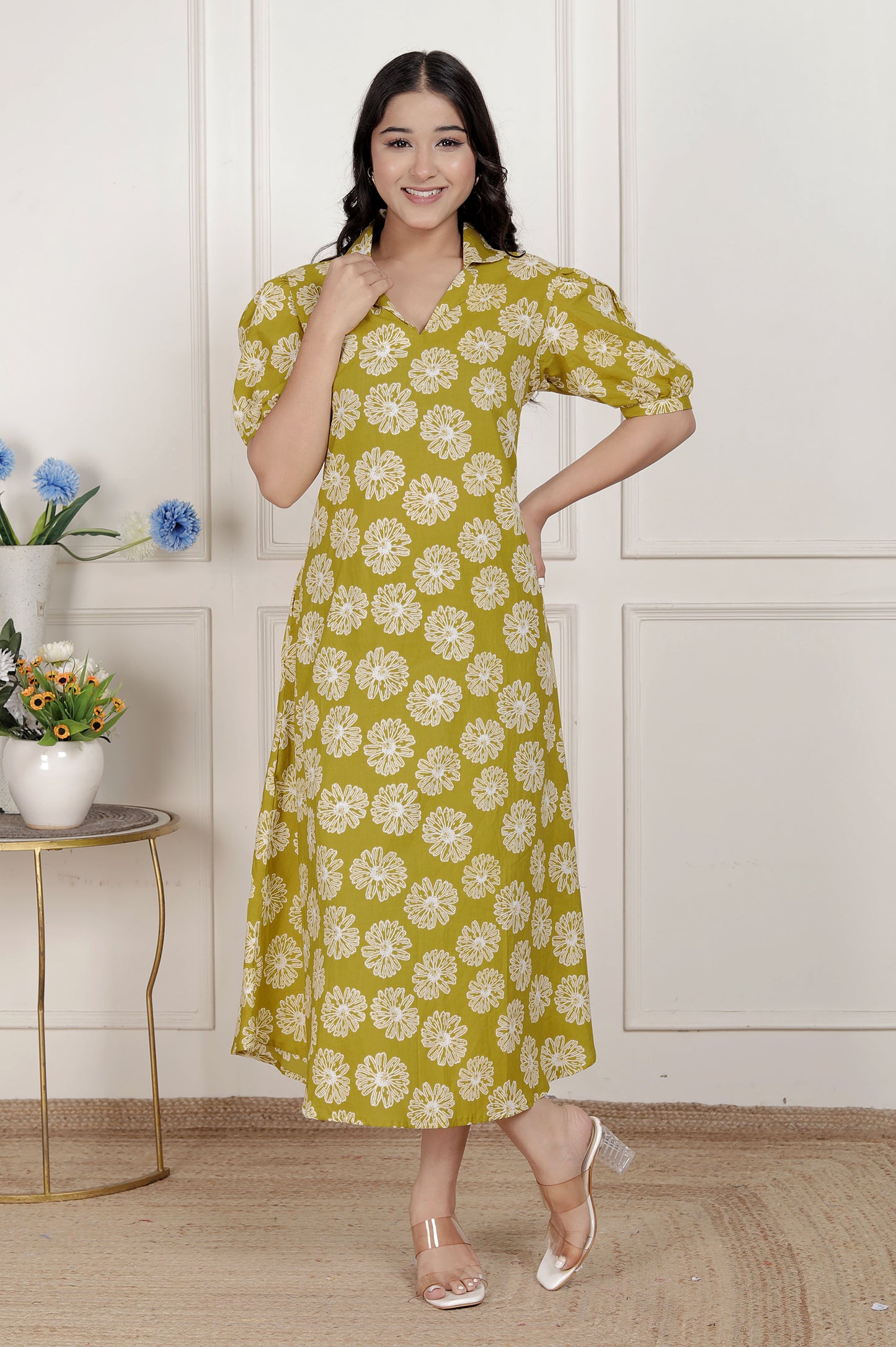 Miravan Women's Yellow Printed Puff Sleeve Floral Maxi Party Dress