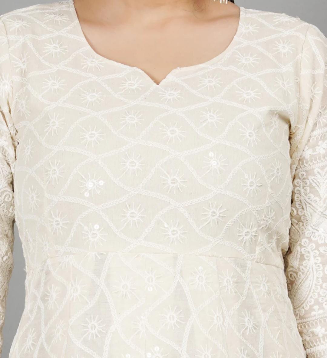 Women's Floral Embroidered Thread Work Cream Chikankari Anarkali Kurta With Cotton Dupatta - Miravan
