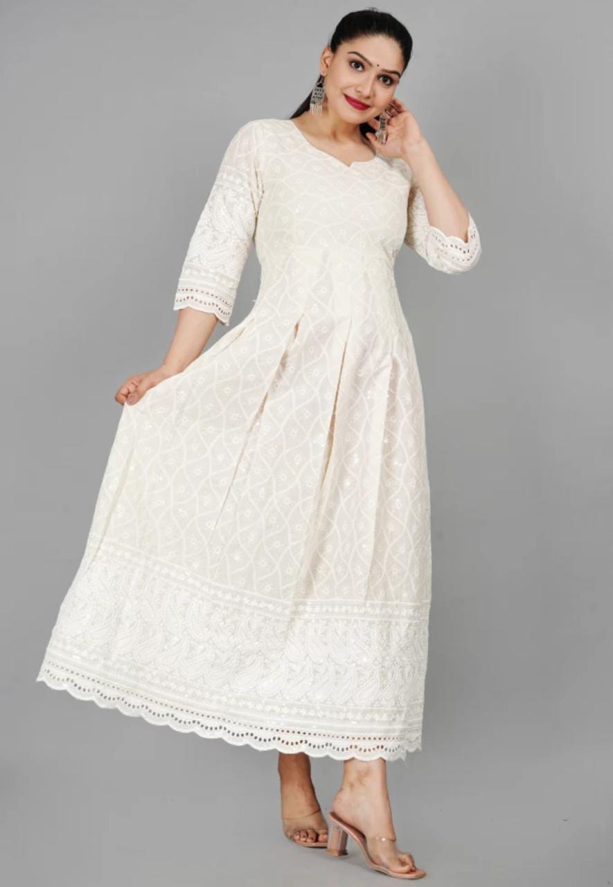 Women's Floral Embroidered Thread Work Cream Chikankari Anarkali Kurta With Cotton Dupatta - Miravan