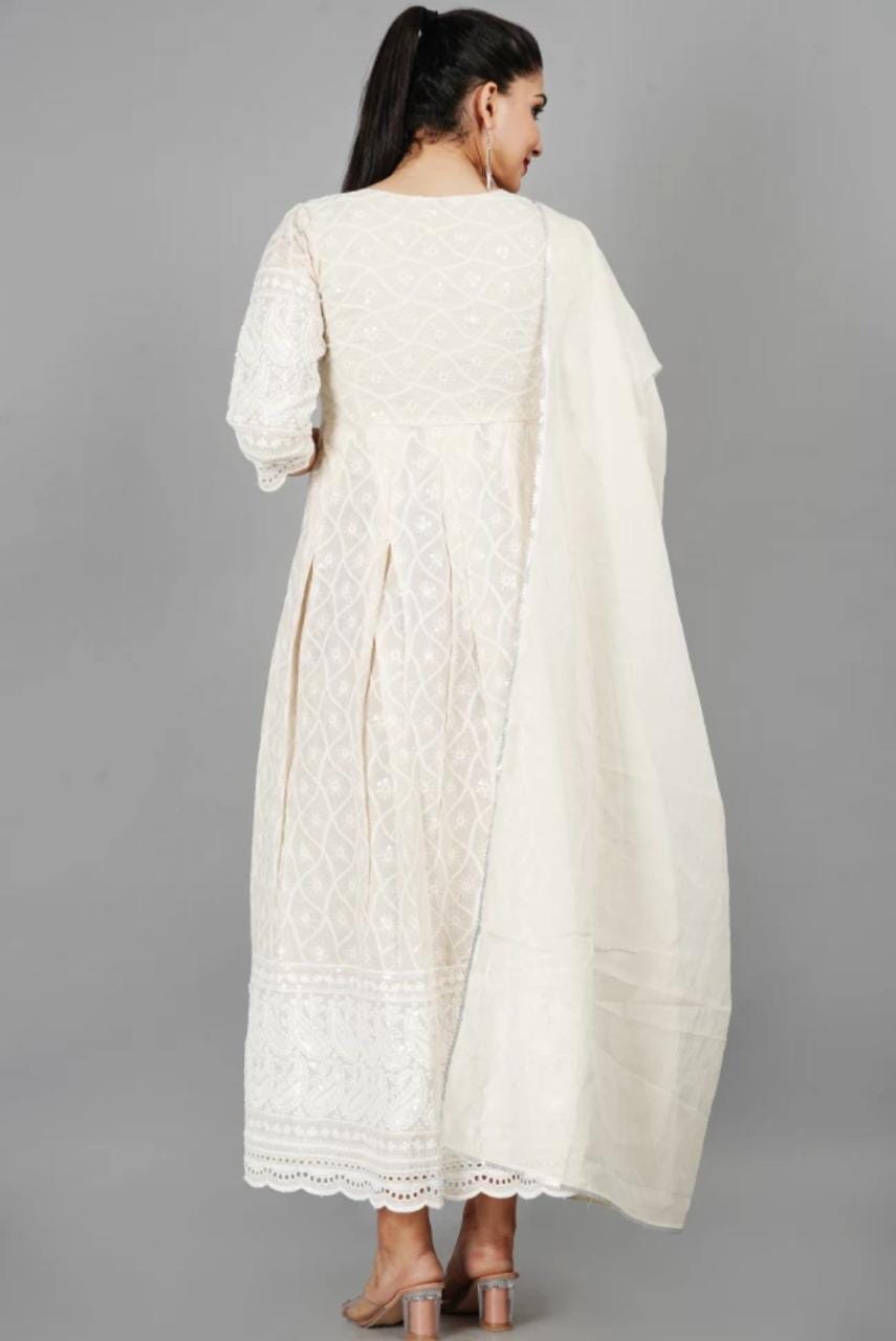 Women's Floral Embroidered Thread Work Cream Chikankari Anarkali Kurta With Cotton Dupatta - Miravan