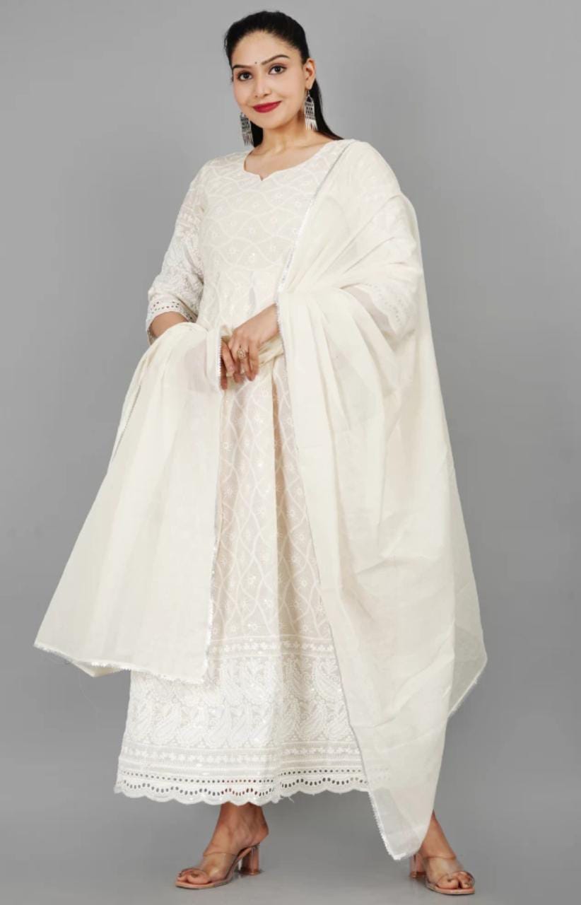 Women's Floral Embroidered Thread Work Cream Chikankari Anarkali Kurta With Cotton Dupatta - Miravan