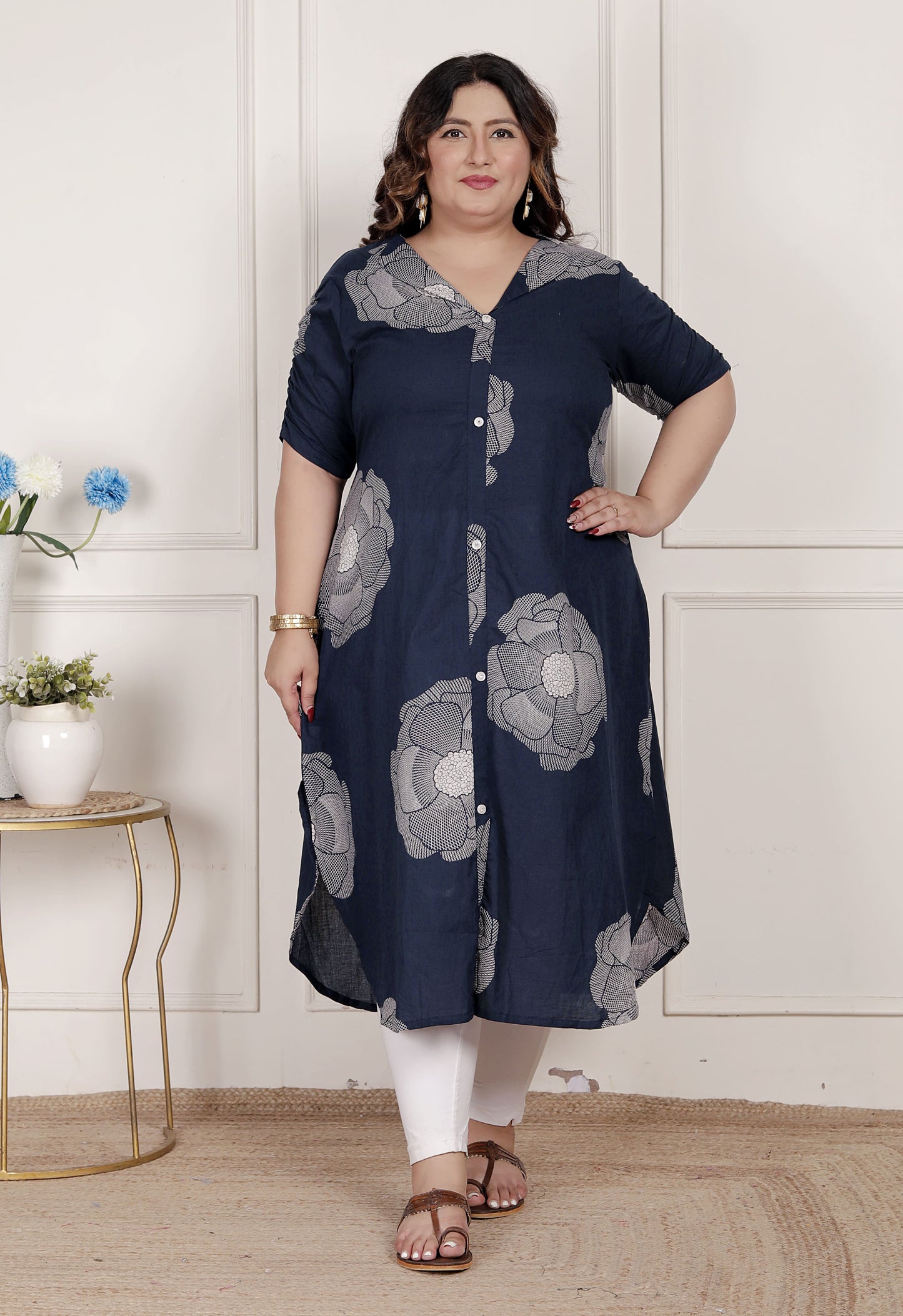 Miravan Womens Plus Size Blue Floral Printed Front Buttoned A-Line Kurta Dress
