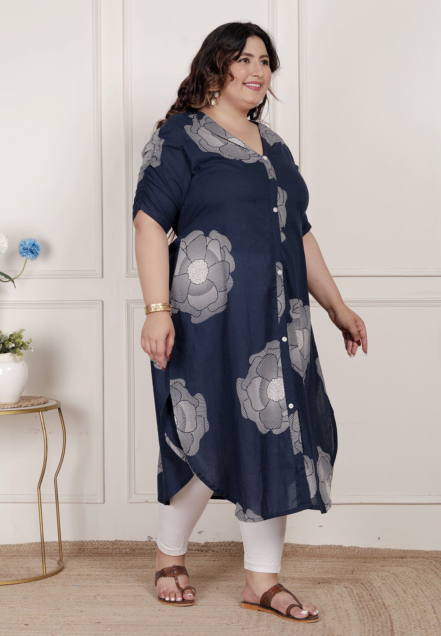 Miravan Womens Plus Size Blue Floral Printed Front Buttoned A-Line Kurta Dress