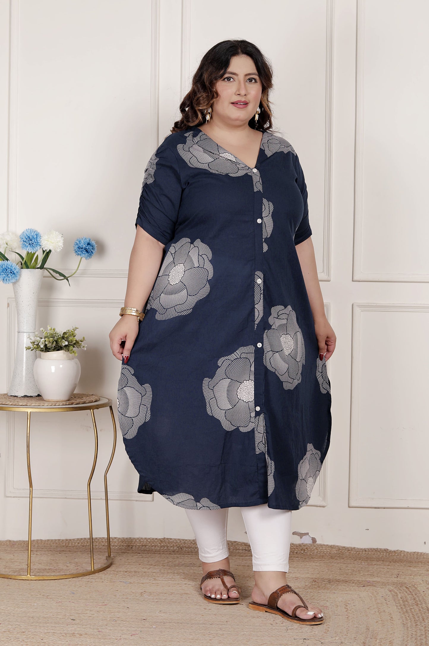 Miravan Womens Plus Size Blue Floral Printed Front Buttoned A-Line Kurta Dress