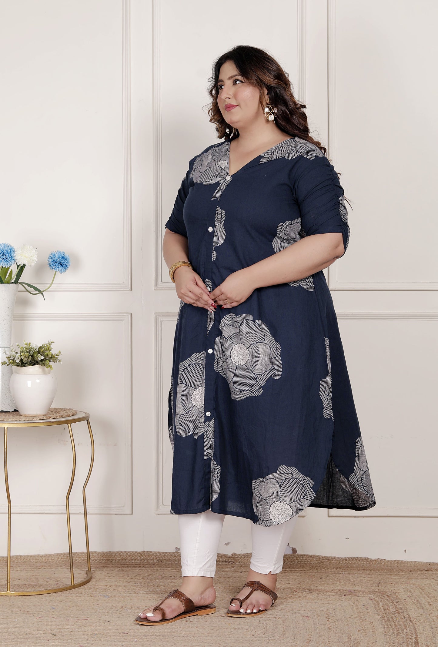 Miravan Womens Plus Size Blue Floral Printed Front Buttoned A-Line Kurta Dress