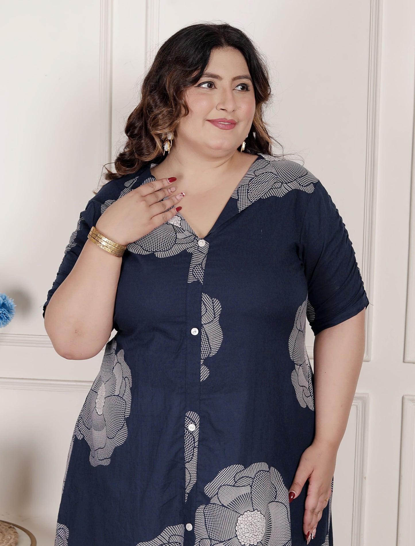 Miravan Womens Plus Size Blue Floral Printed Front Buttoned A-Line Kurta Dress