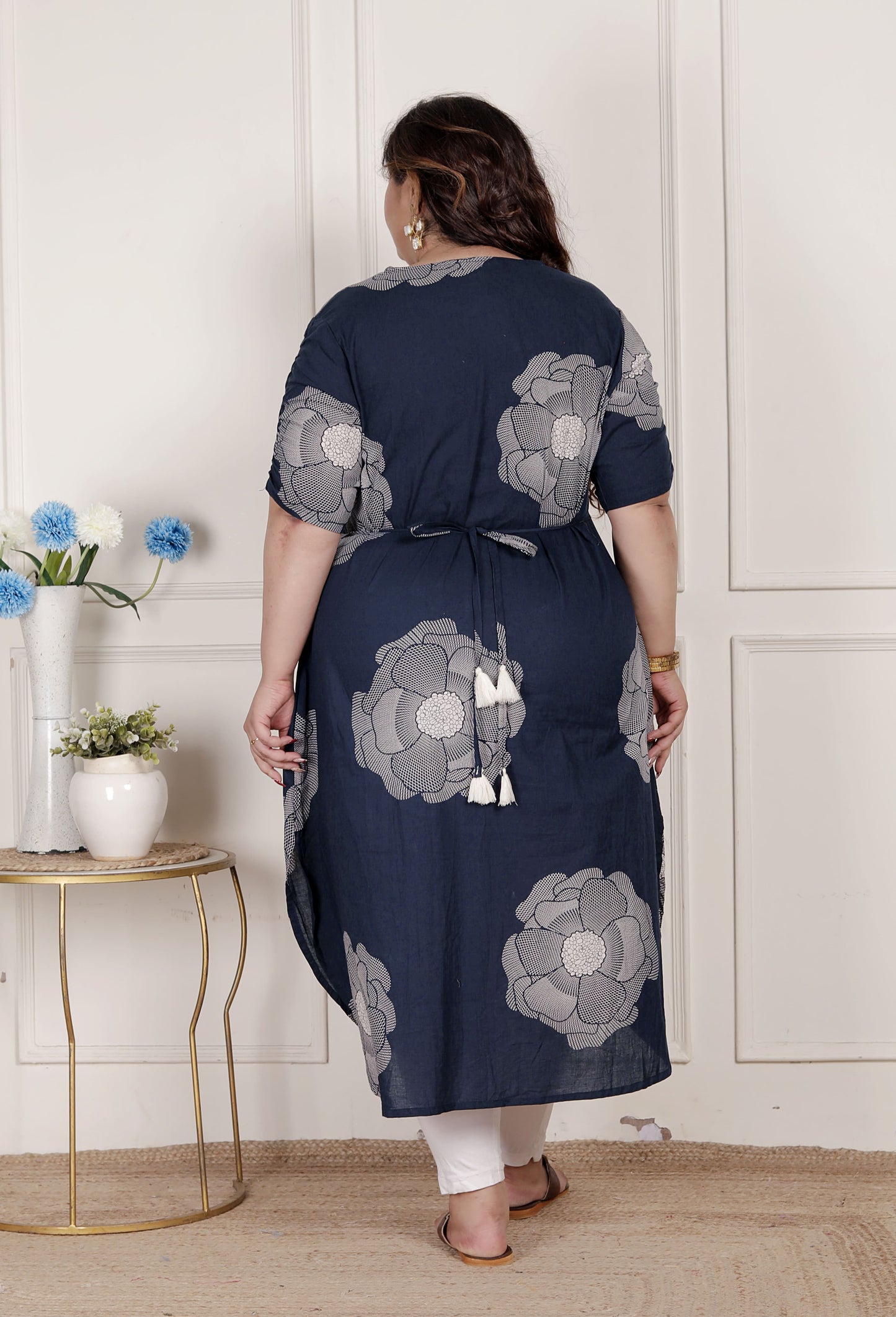 Miravan Womens Plus Size Blue Floral Printed Front Buttoned A-Line Kurta Dress