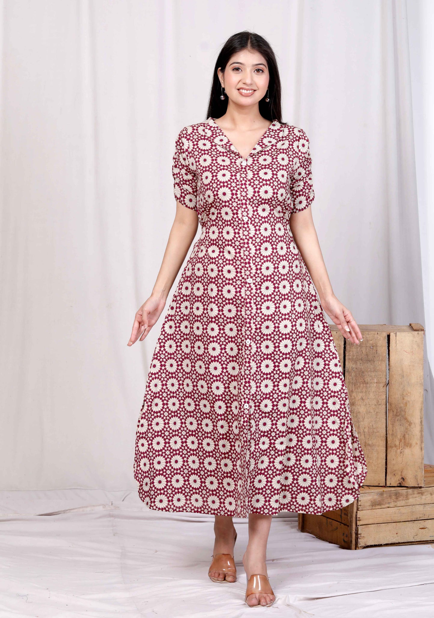 Miravan Womens Cotton Floral Printed Cream A-Line Maxi Dress with Buttons