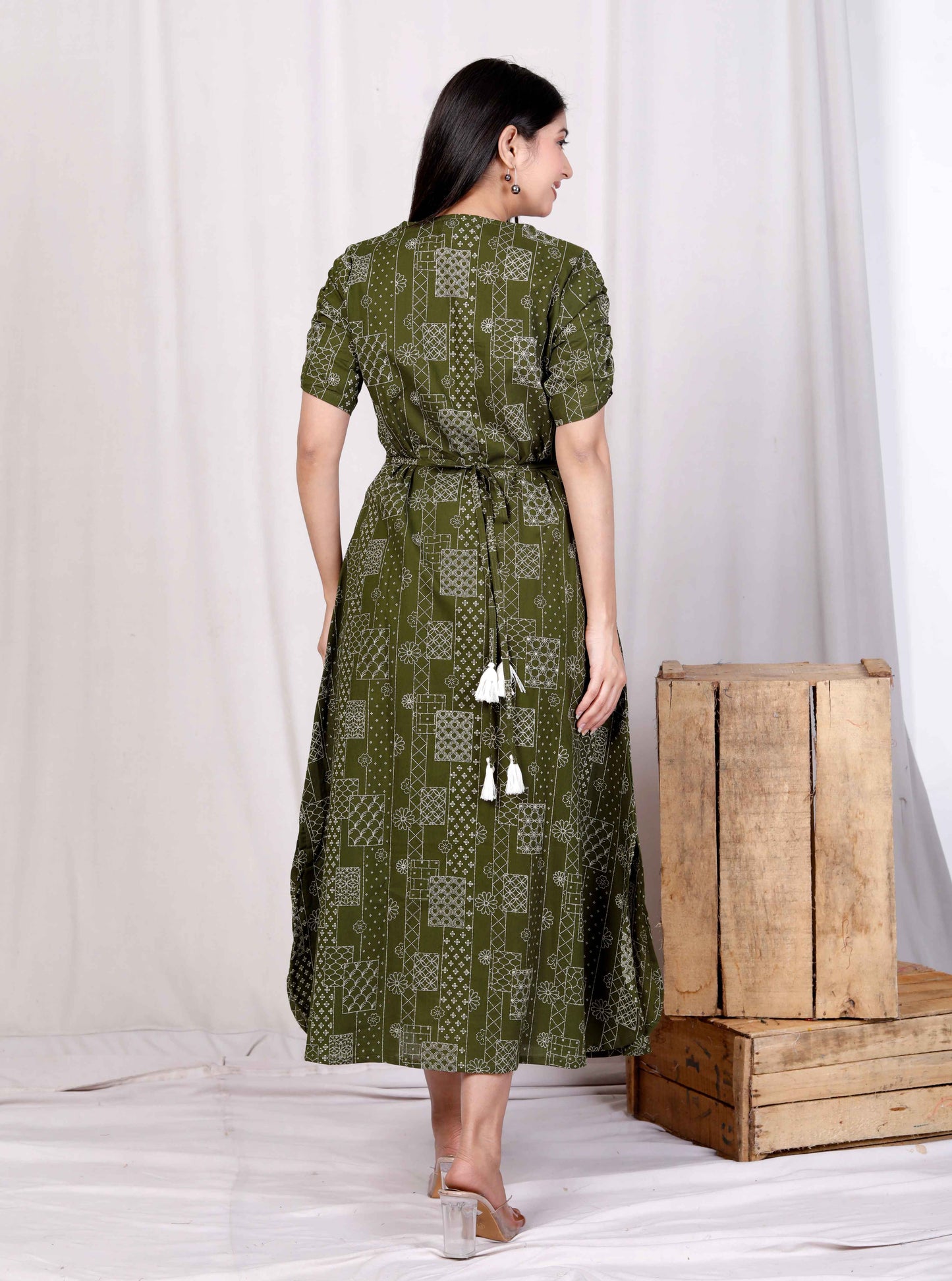 Miravan Womens Pure Cotton Floral Printed Green Button Down A-Line Midi Dress