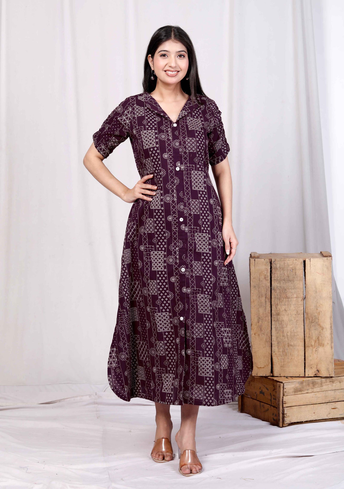Miravan Womens Wine Mandarin Neck Floral Printed A-Line Party wear Maxi Dress