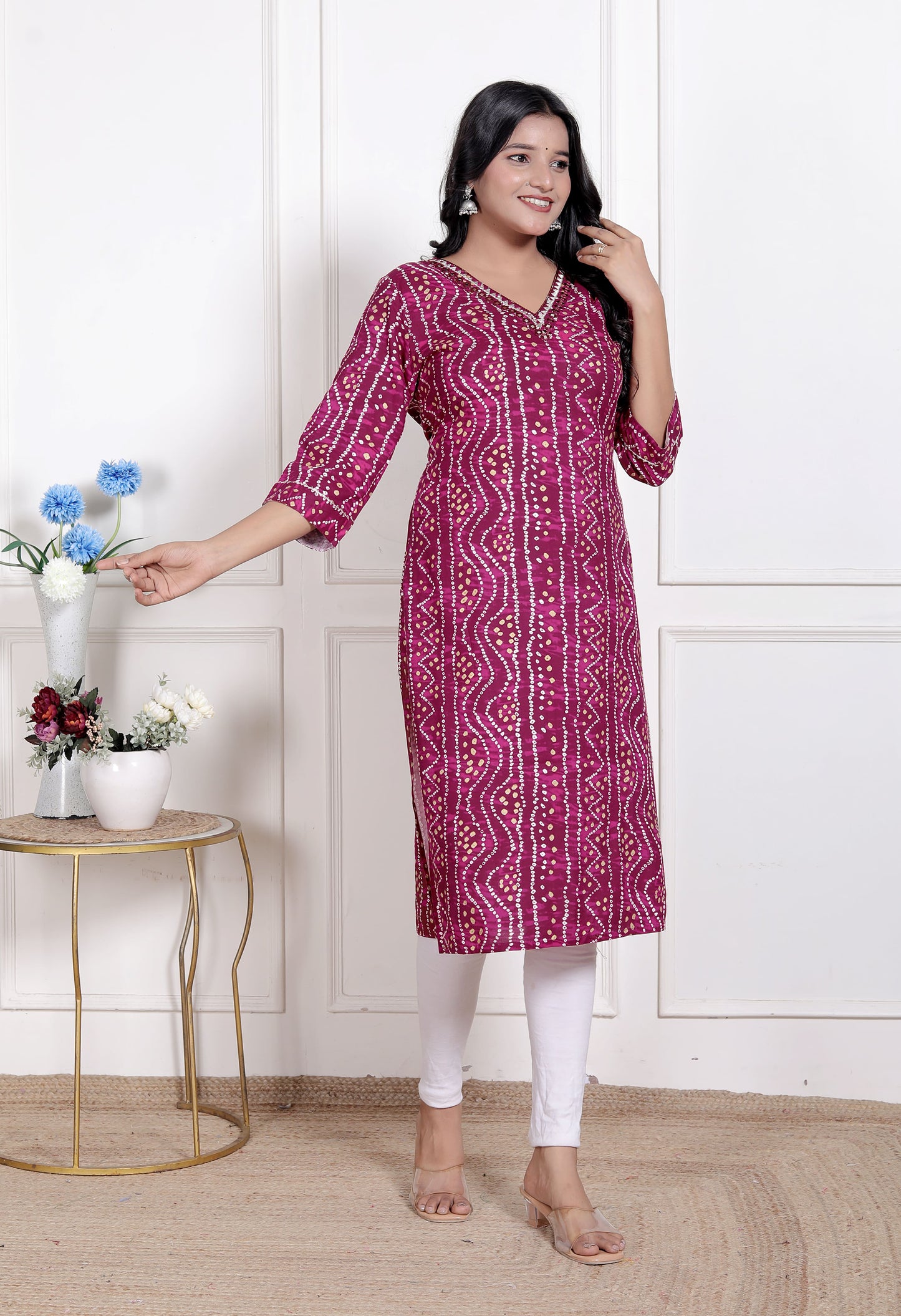 Miravan Womens Bandhej Printed Rayon Kurti Magenta