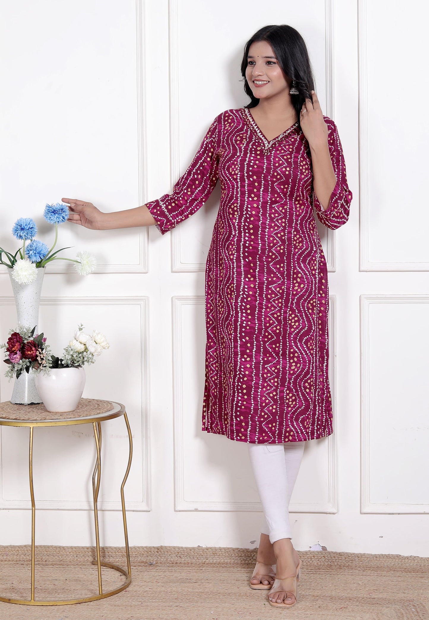 Miravan Womens Bandhej Printed Rayon Kurti Magenta