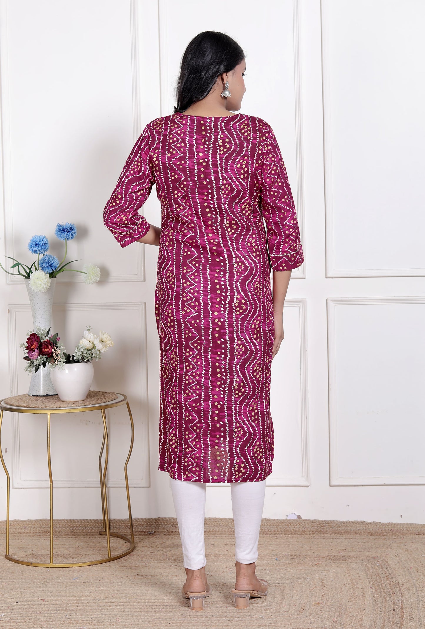 Miravan Womens Bandhej Printed Rayon Kurti Magenta