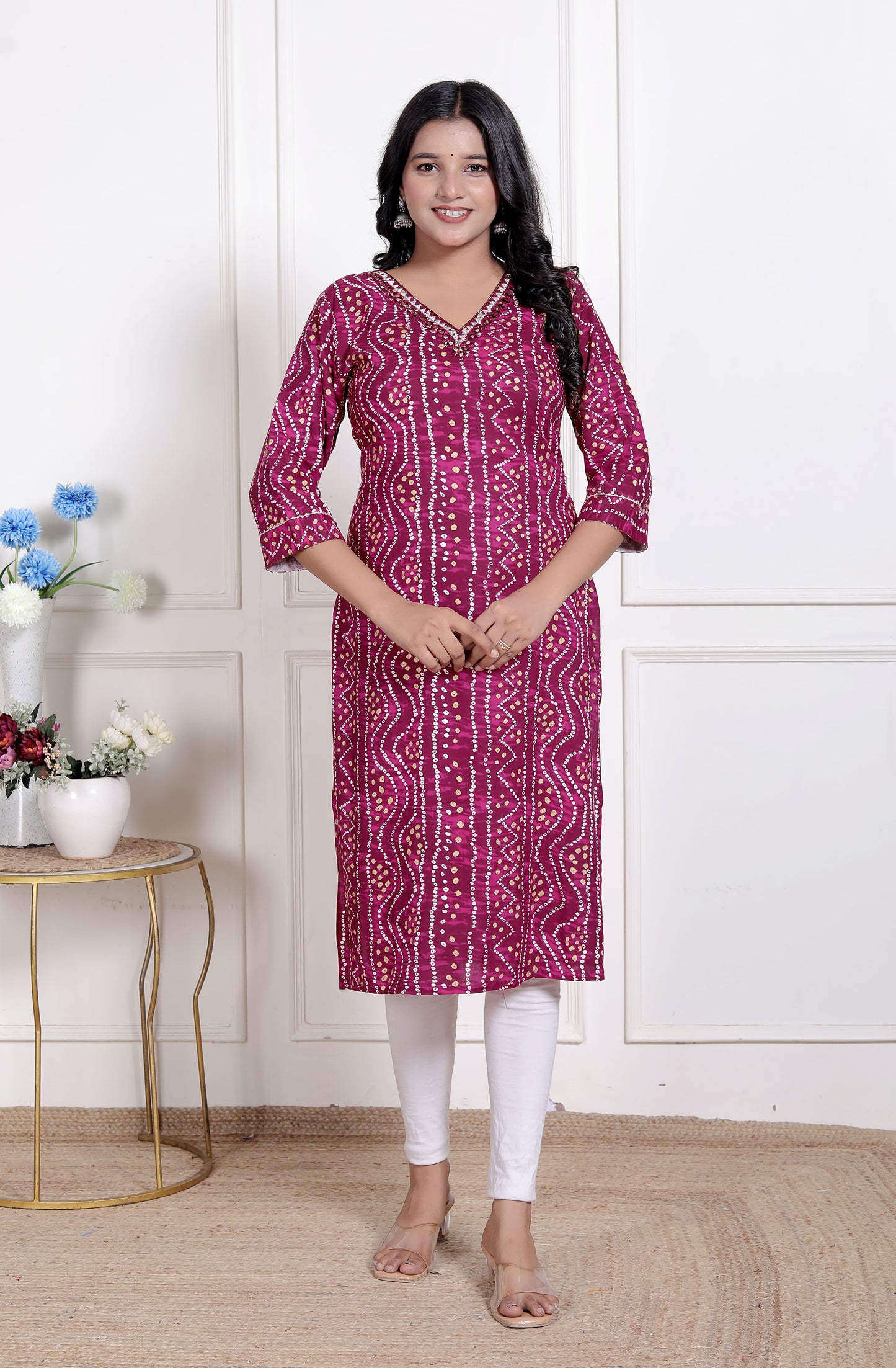 Miravan Womens Bandhej Printed Rayon Kurti Magenta