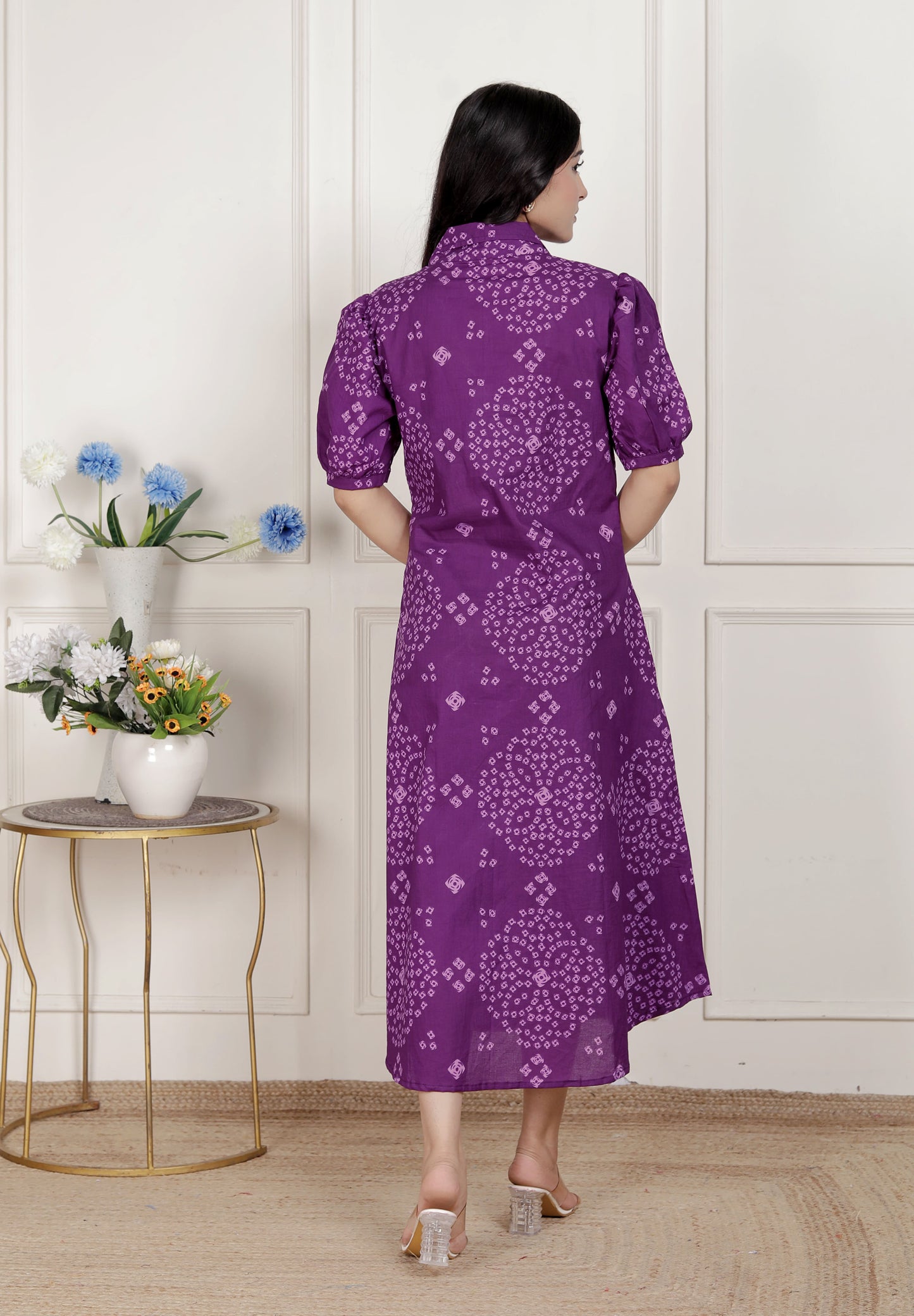 Miravan Womens Purple Bandhni printed A-Line Midi Dress
