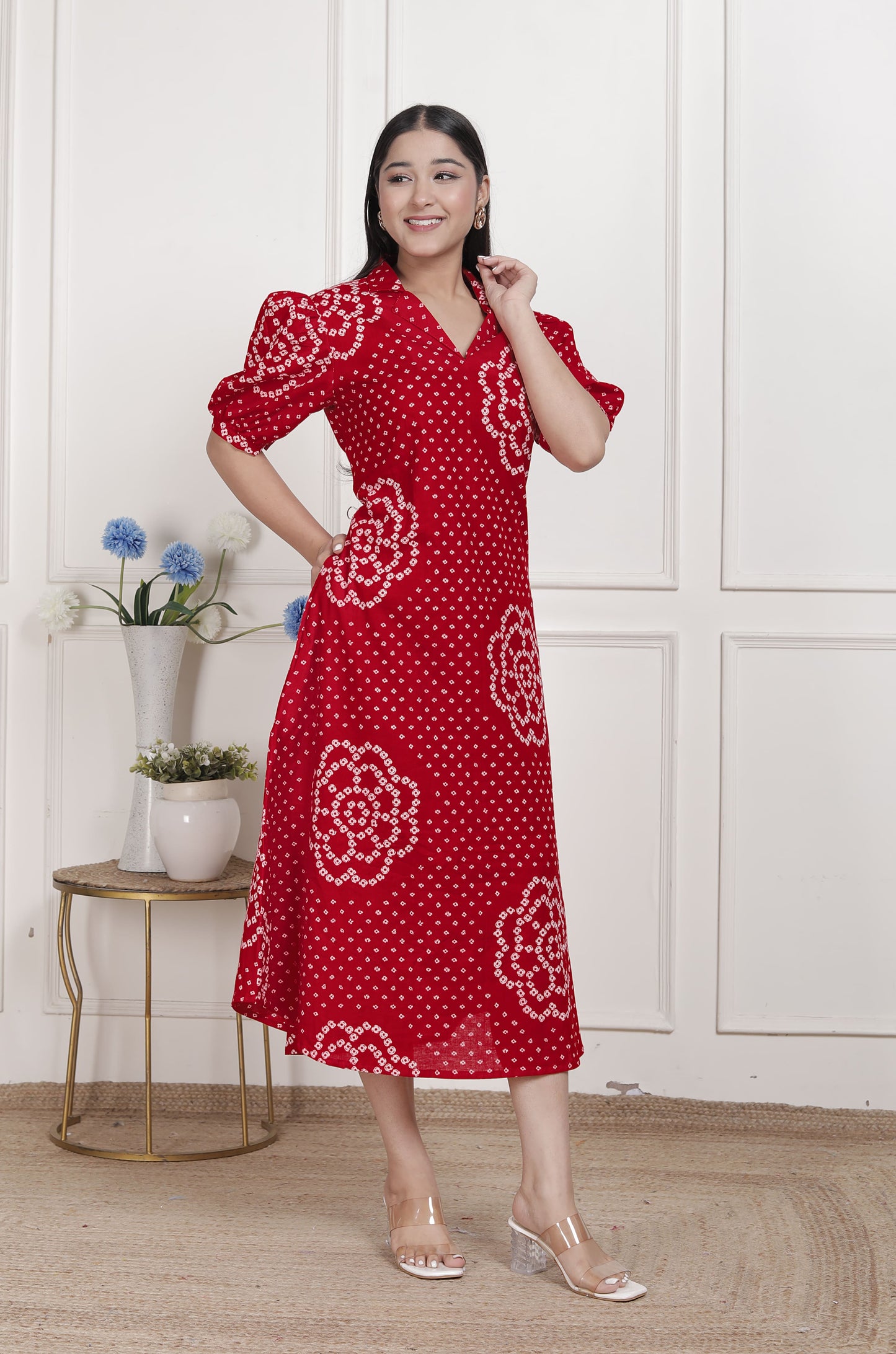 Miravan Womens Red Bandhani Printed Collar Neck Midi Dress